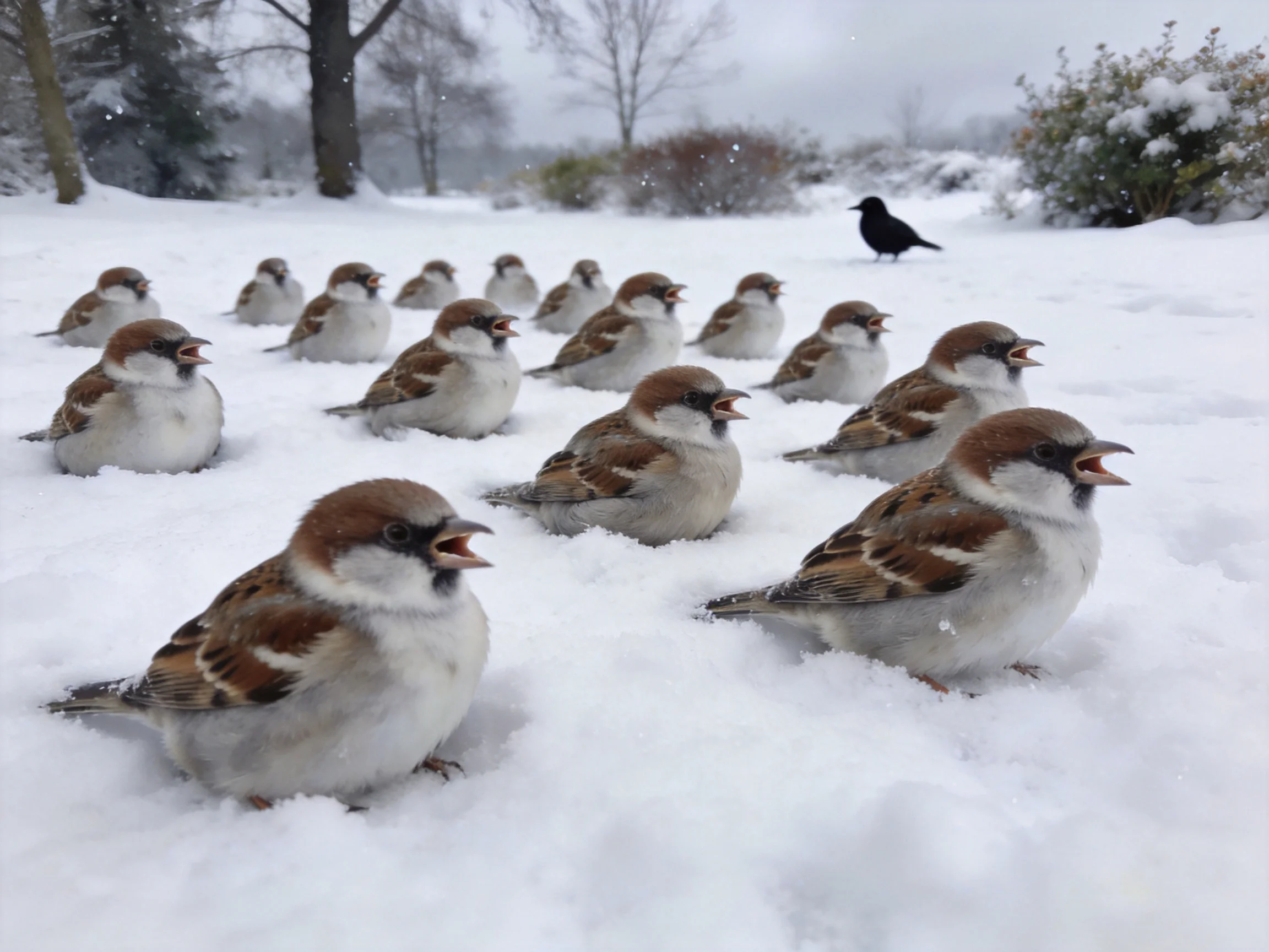 A group of brown-and-white sparrows gathers in snowy terrain with one black bird