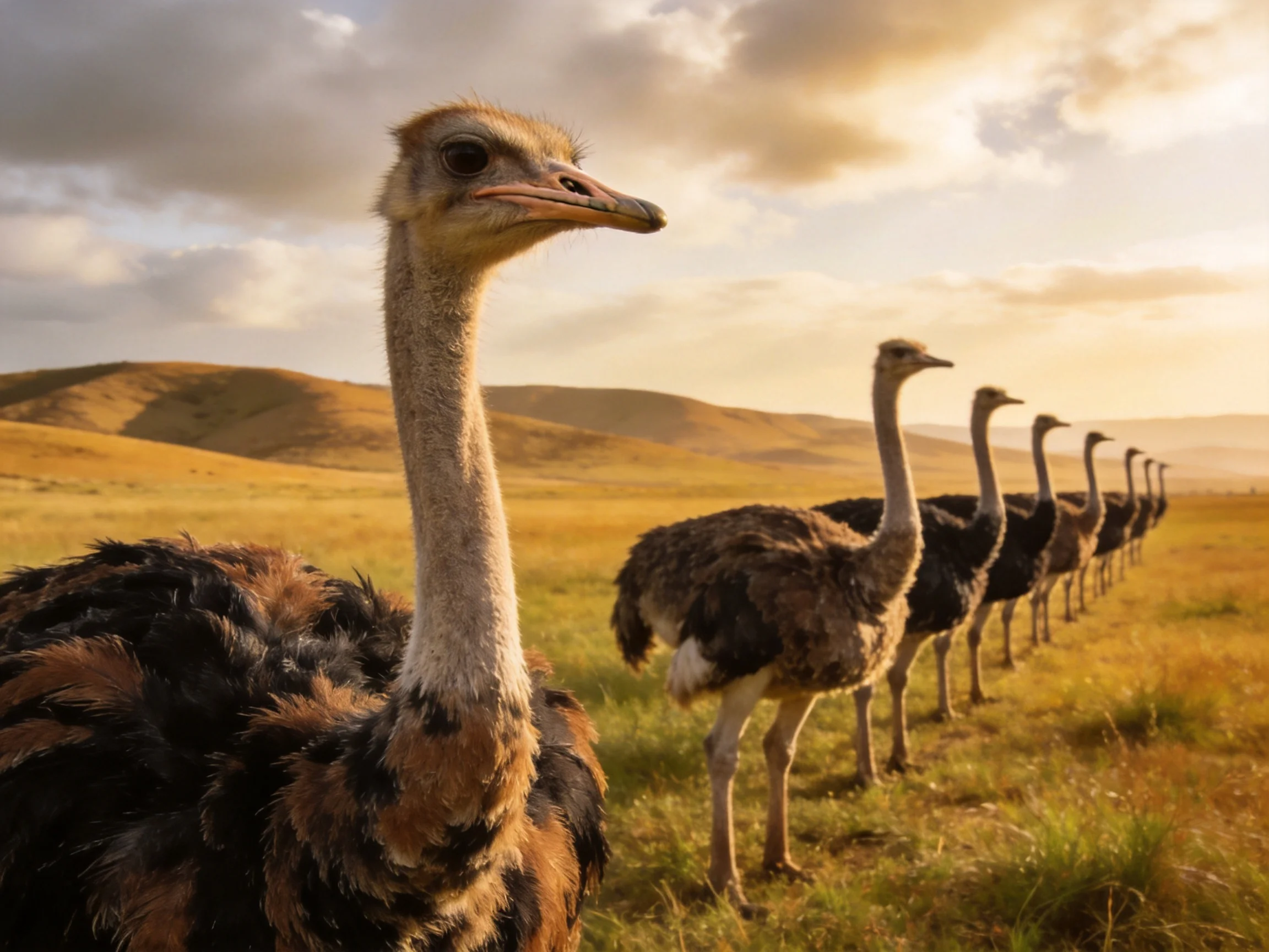 A group of eight ostriches marching across golden savanna terrain