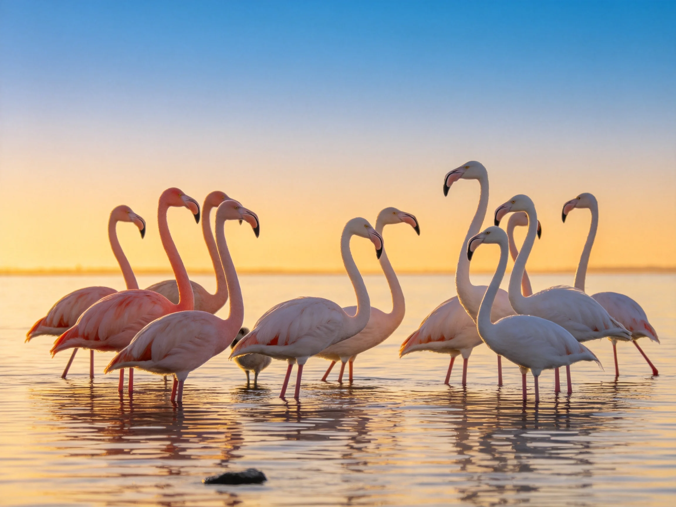A group of pink and white flamingos wading in calm waters at sunset