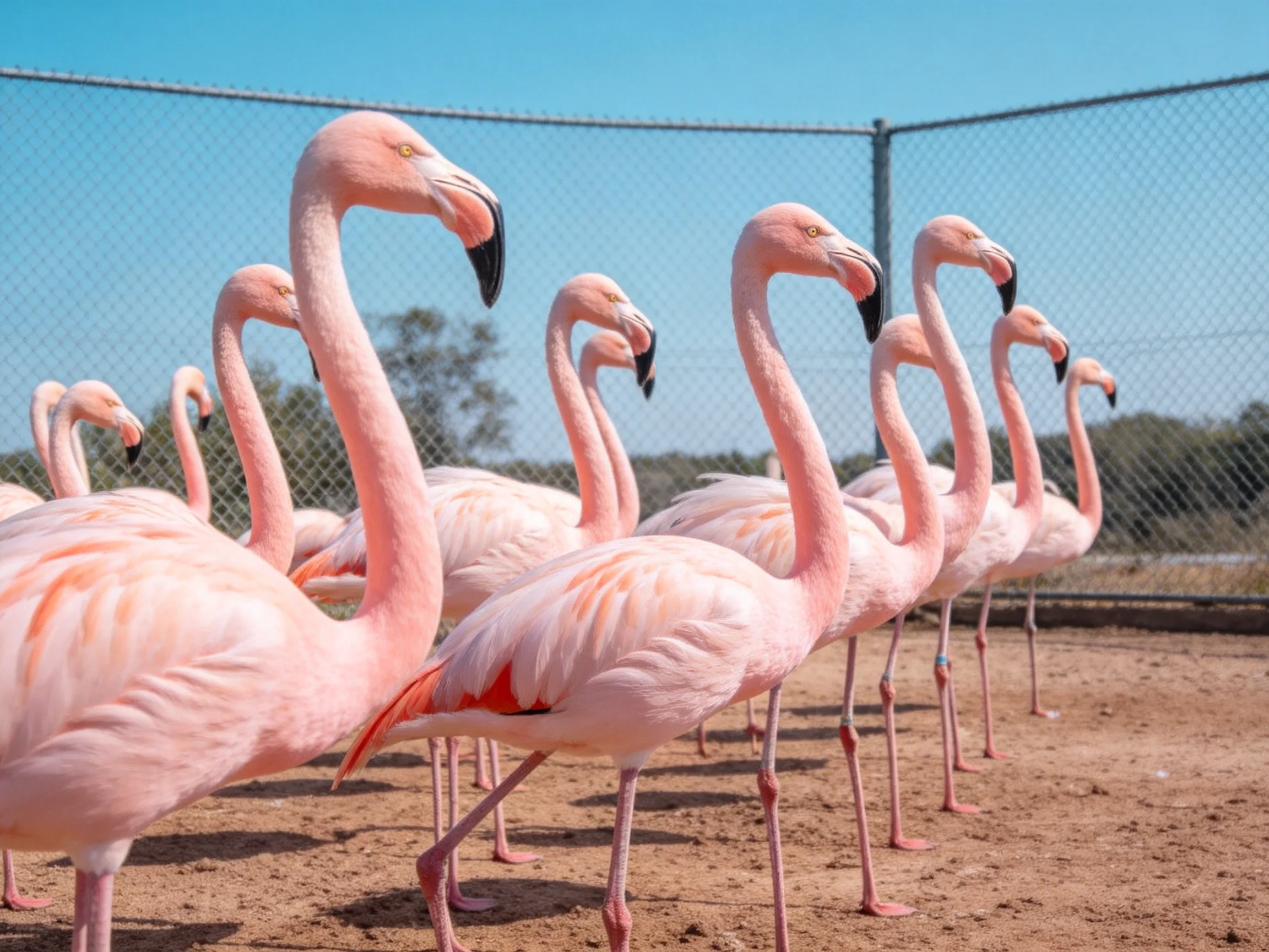 A group of pink flamingos gathered near a chain-link fence