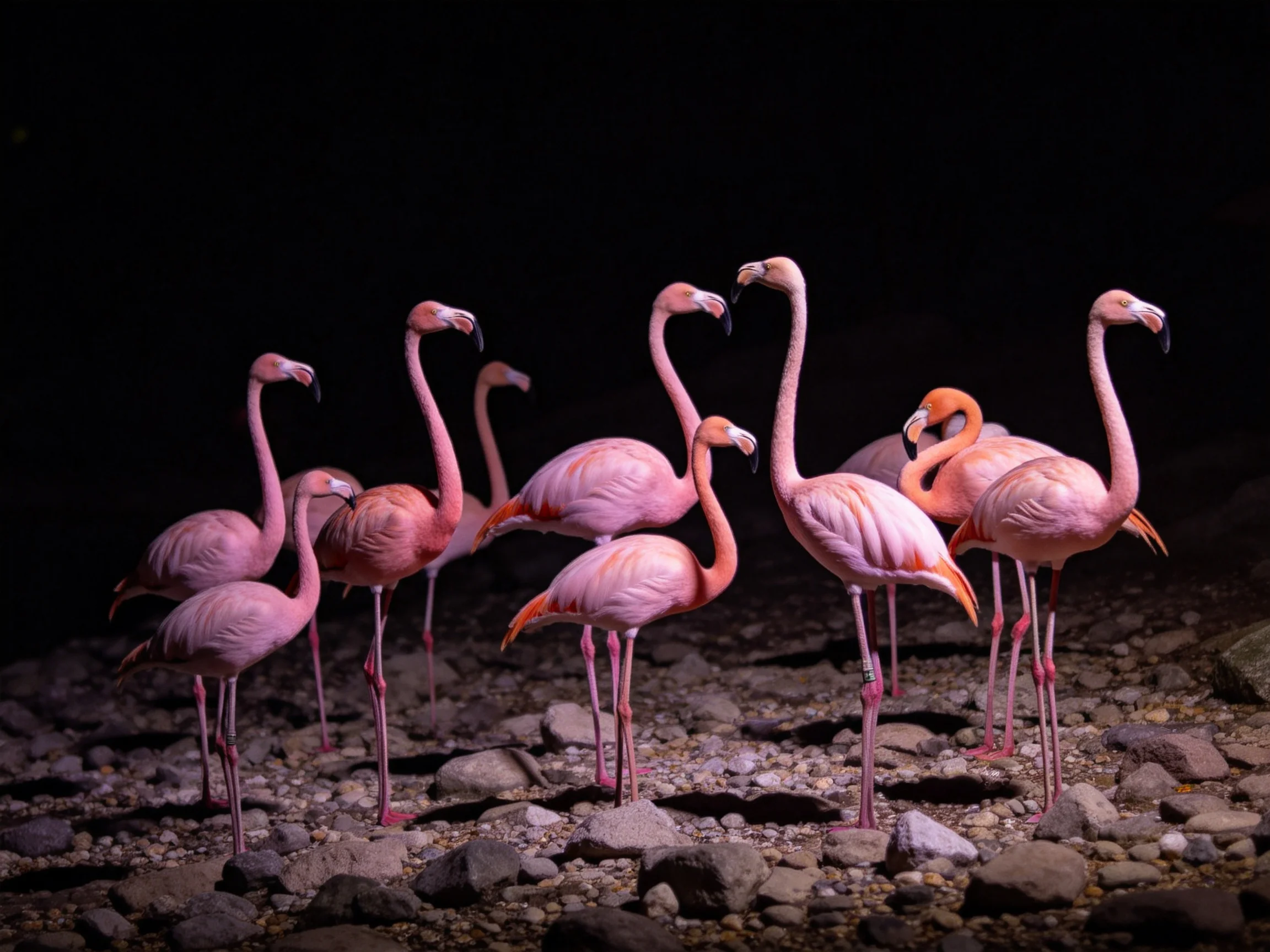 A group of pink flamingos stands on rocky ground with dark surroundings