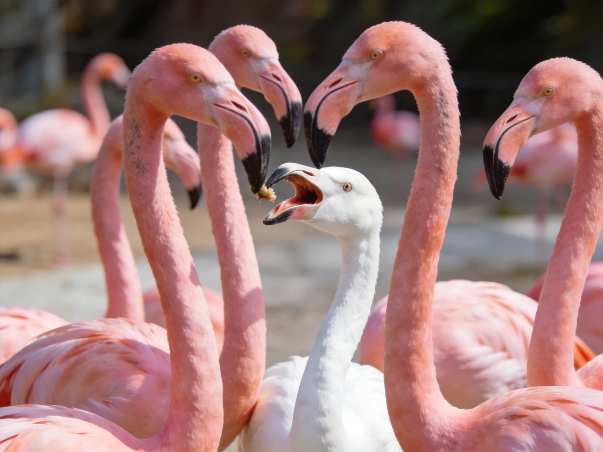 A group of pink flamingos surrounds a single white bird