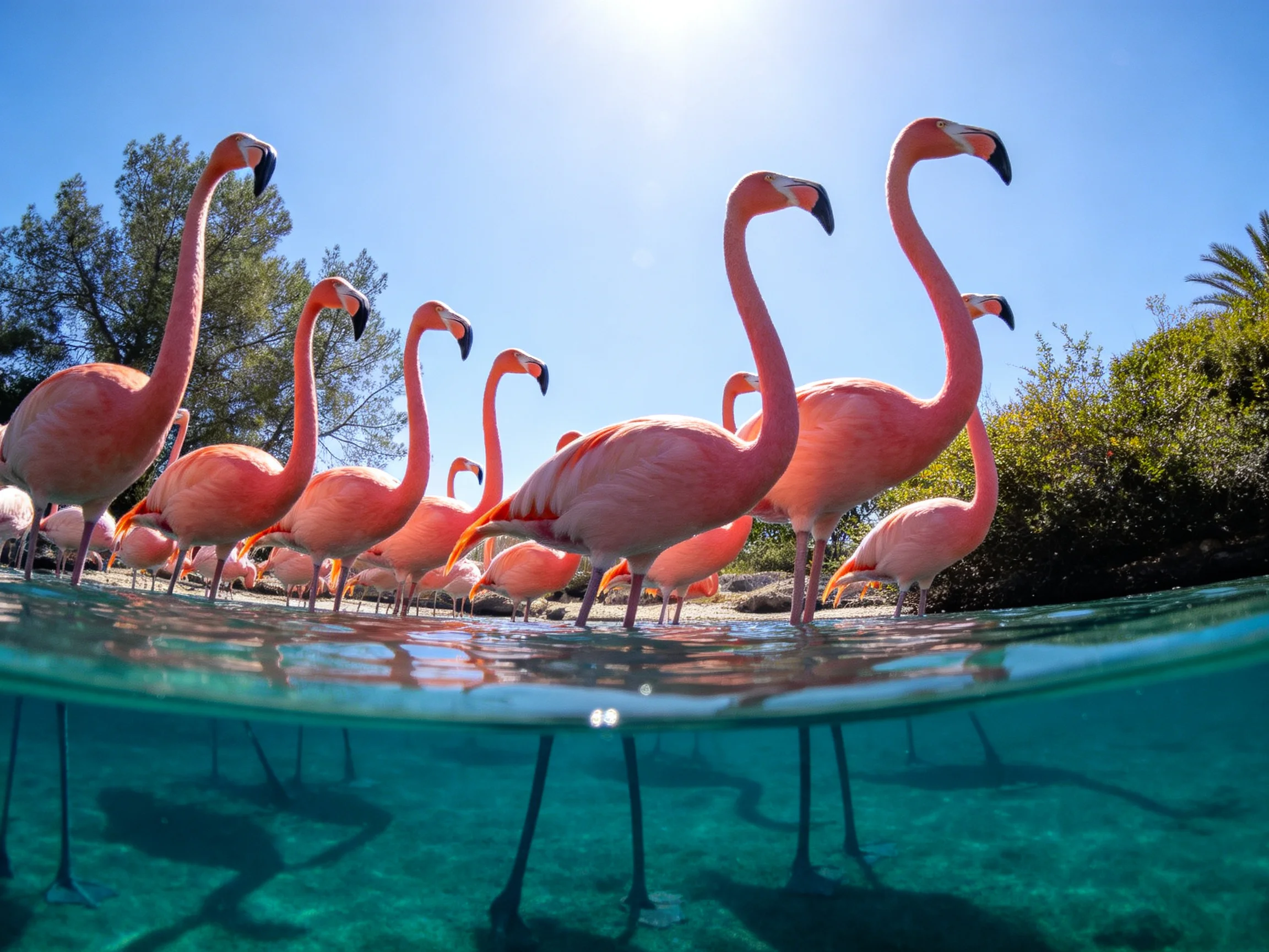 A group of pink flamingos wades in clear turquoise water