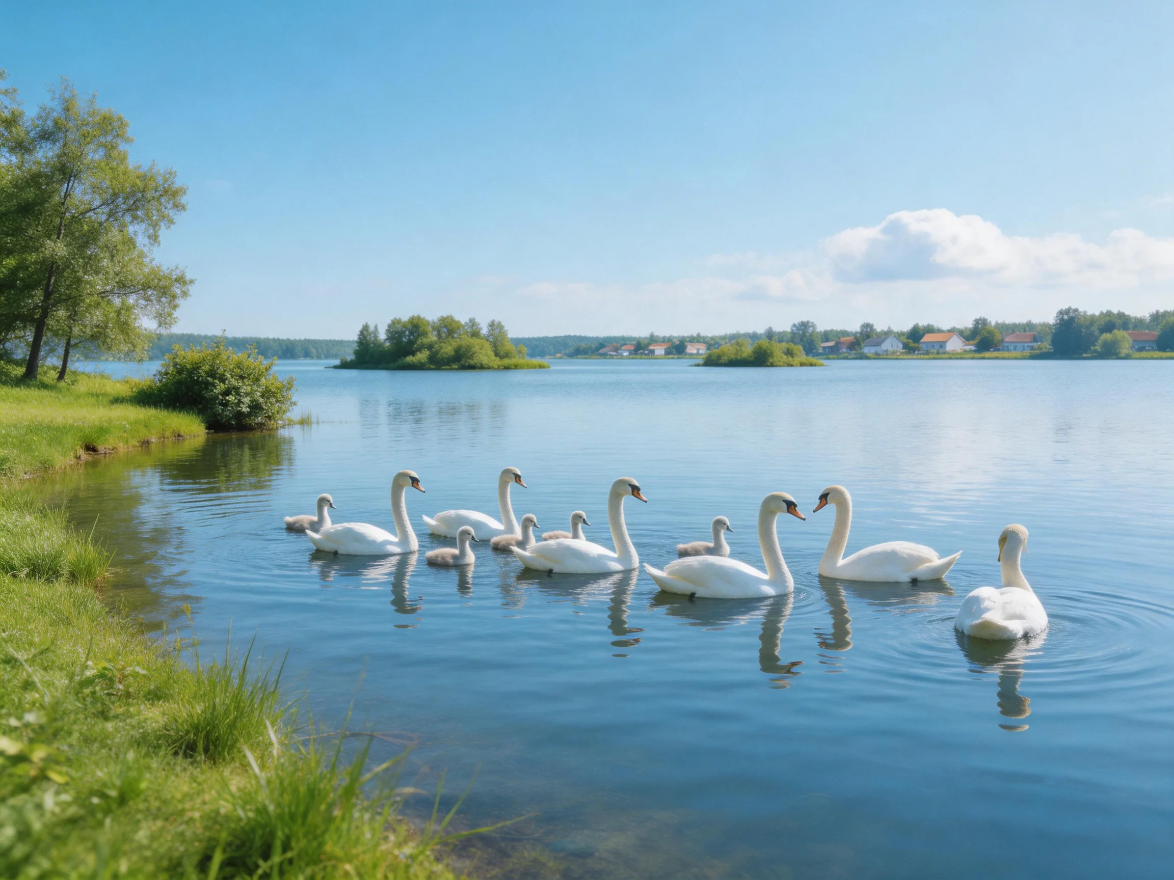 A group of swans swims in a serene blue lake with lush green shores