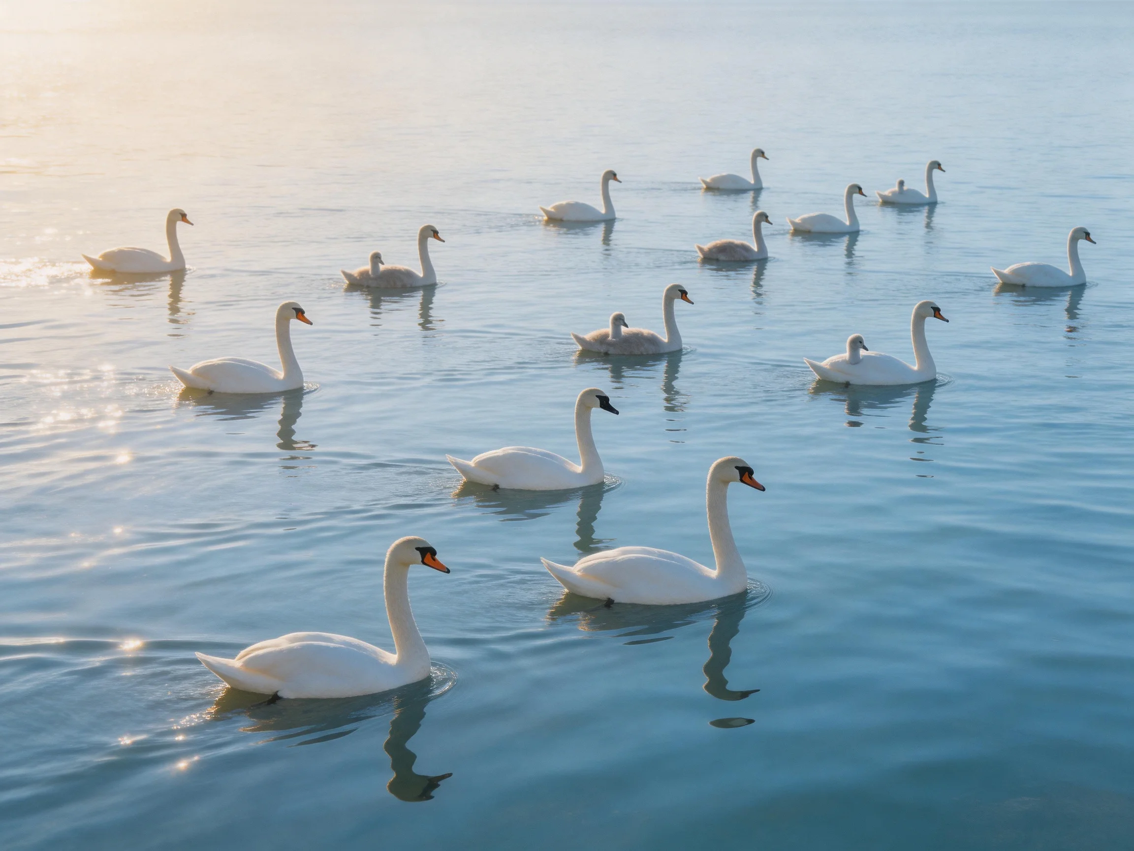 A group of white swans swimming in calm blue water