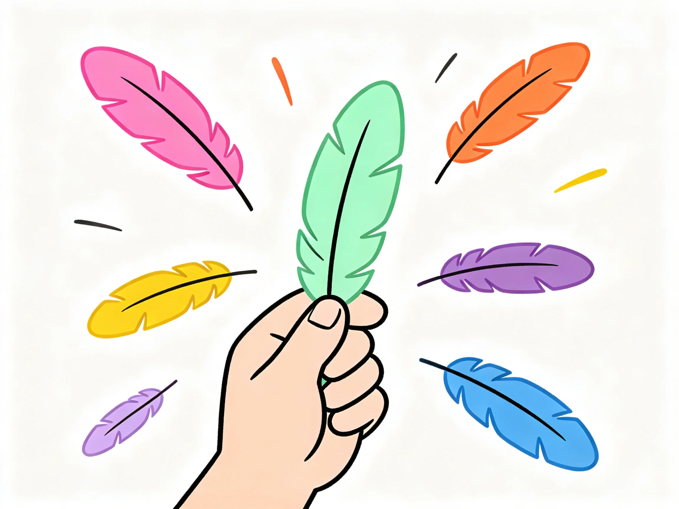 A hand holds a central green feather amid six colorful feathers