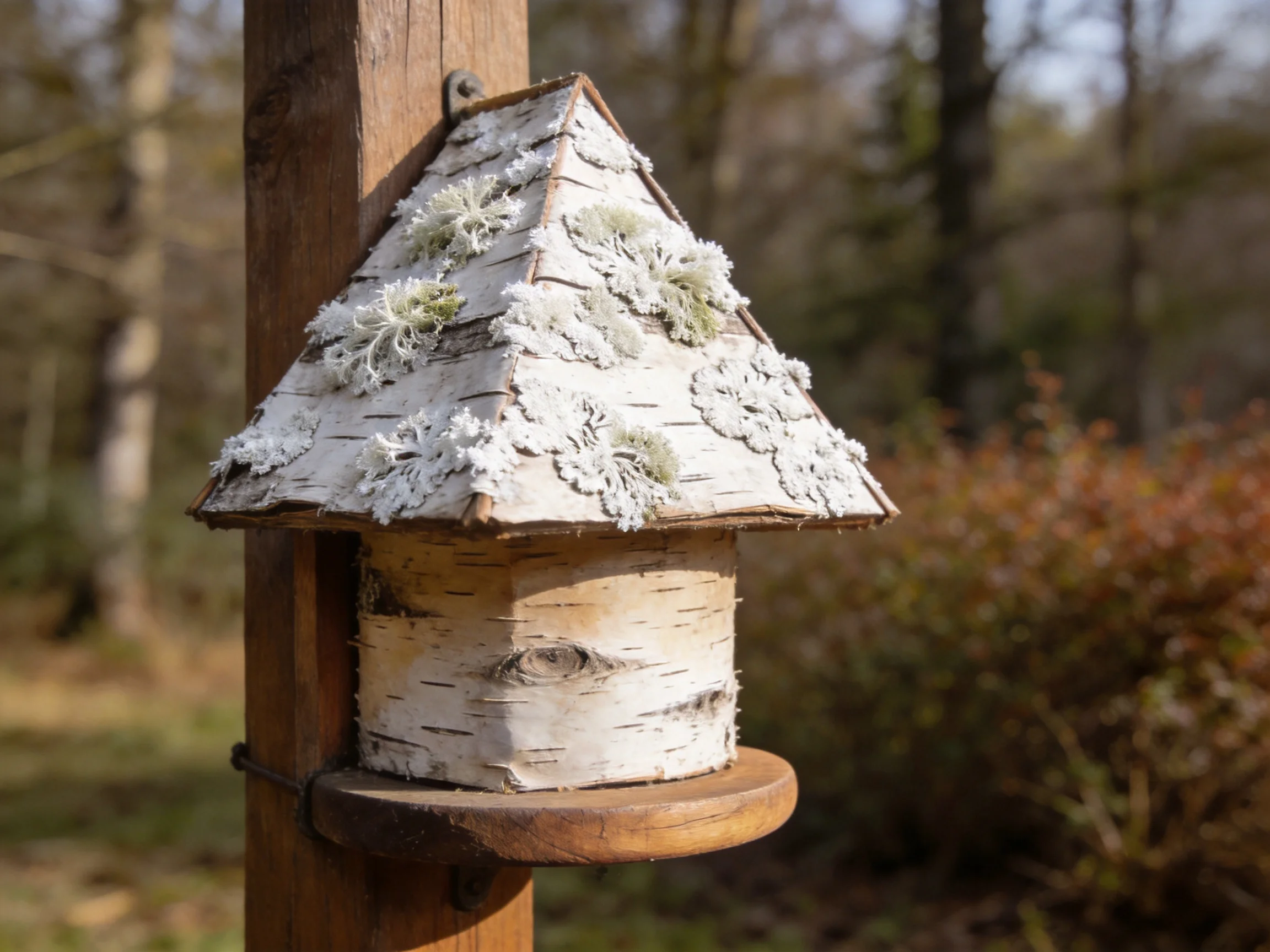 A handcrafted birch bark birdhouse with lichen-covered roof