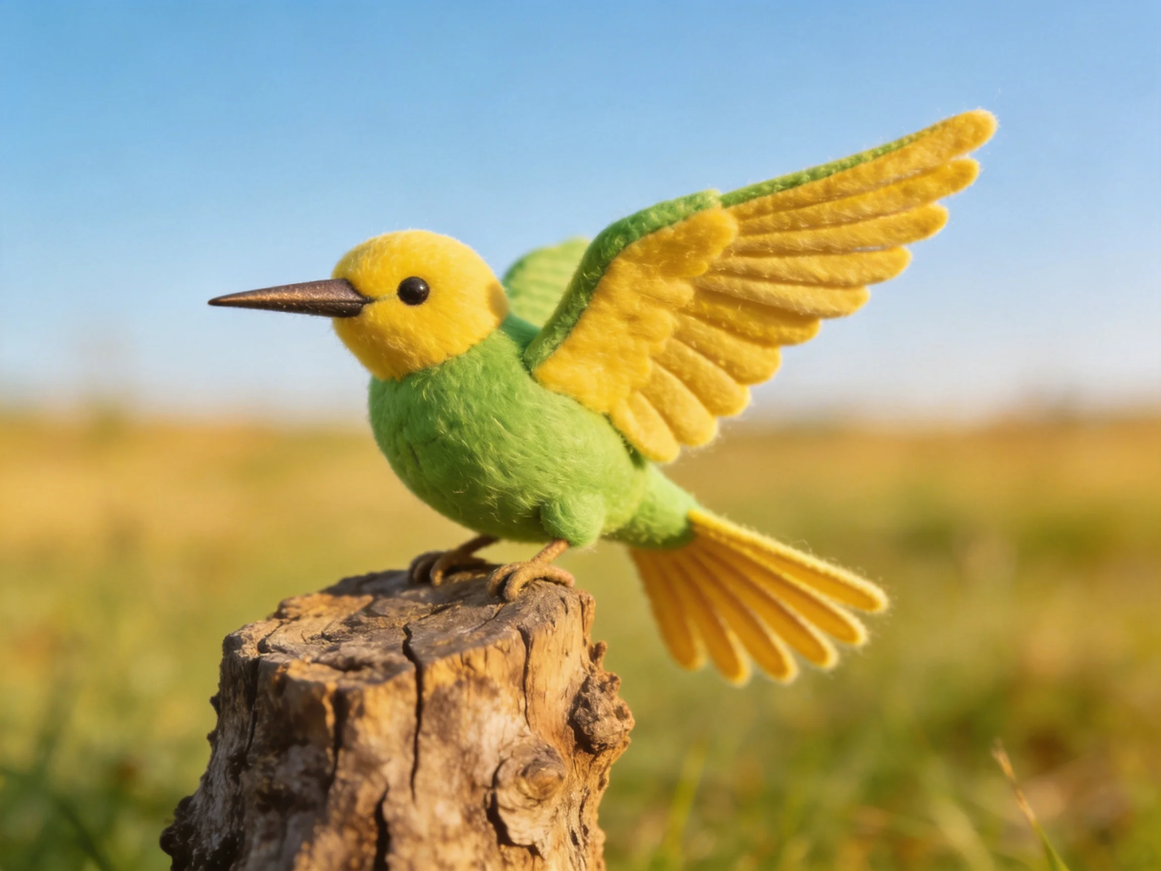 A handcrafted felt bird with green and yellow plumage perched on a wooden stump