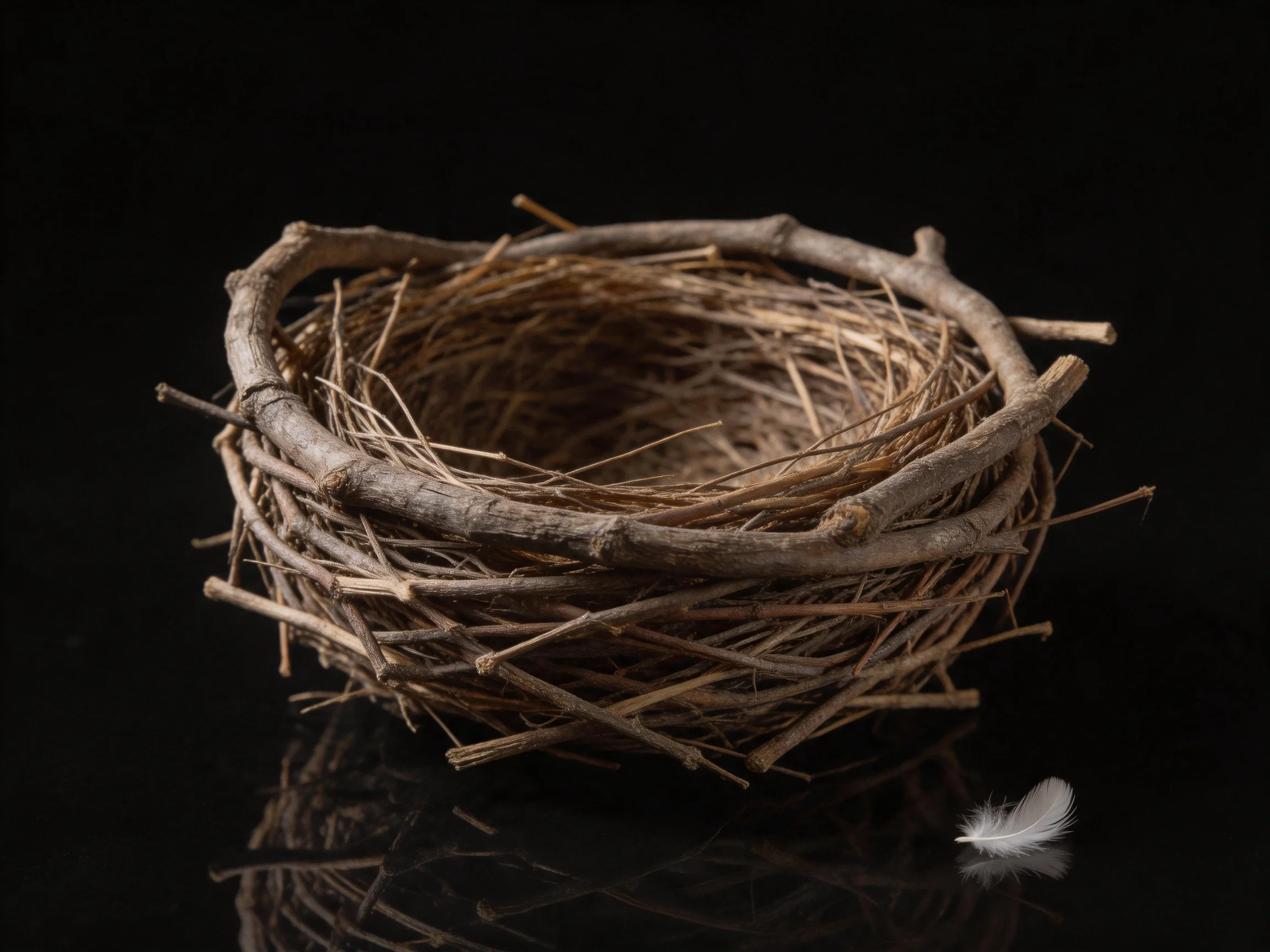 A handcrafted twig bird nest with a single white feather