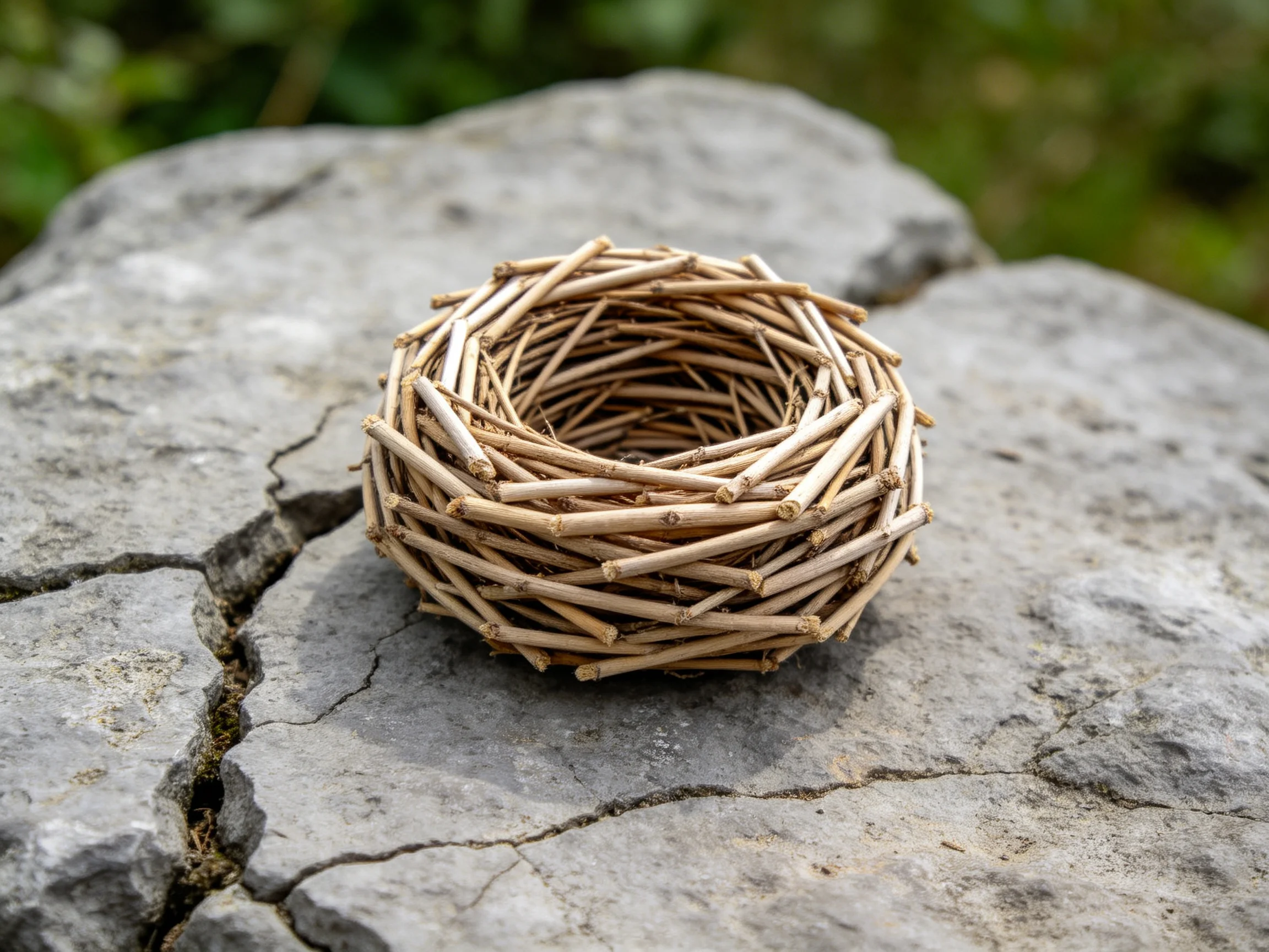 A handcrafted twig nest rests on a cracked gray stone surface