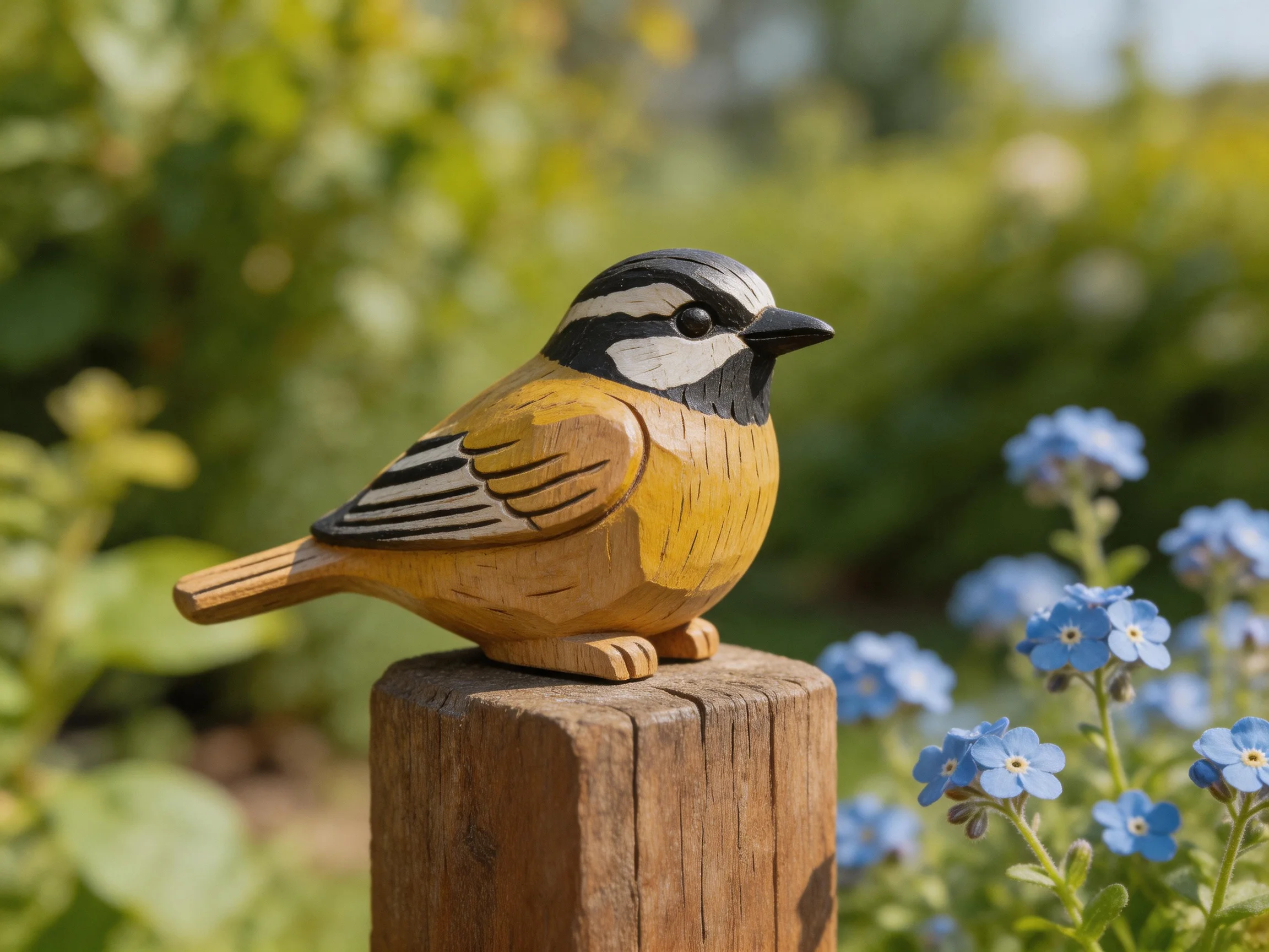 A handcrafted wooden bird perches on a rustic wooden post near blue flowers