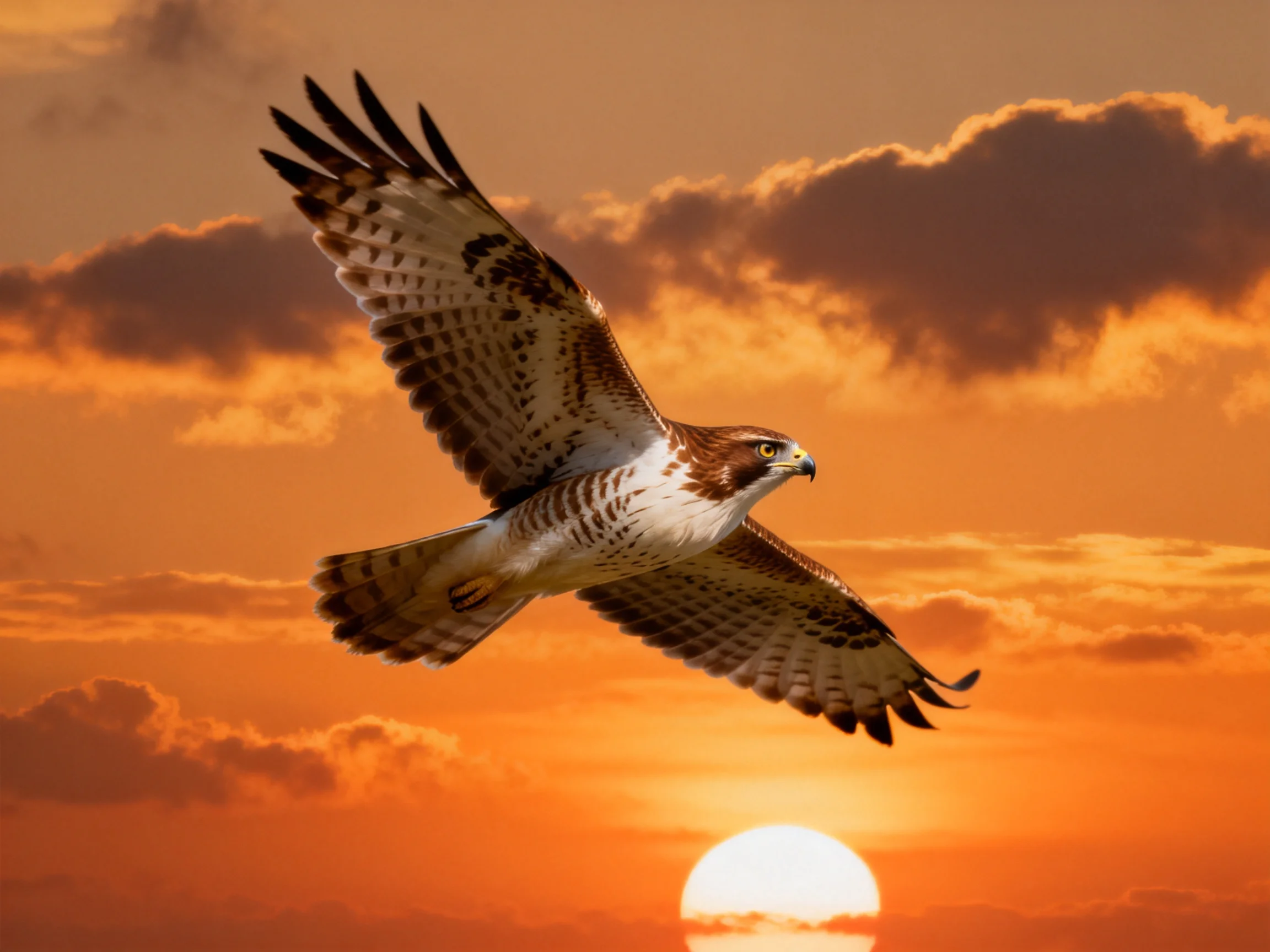 A hawk soars through a vibrant orange sunset sky