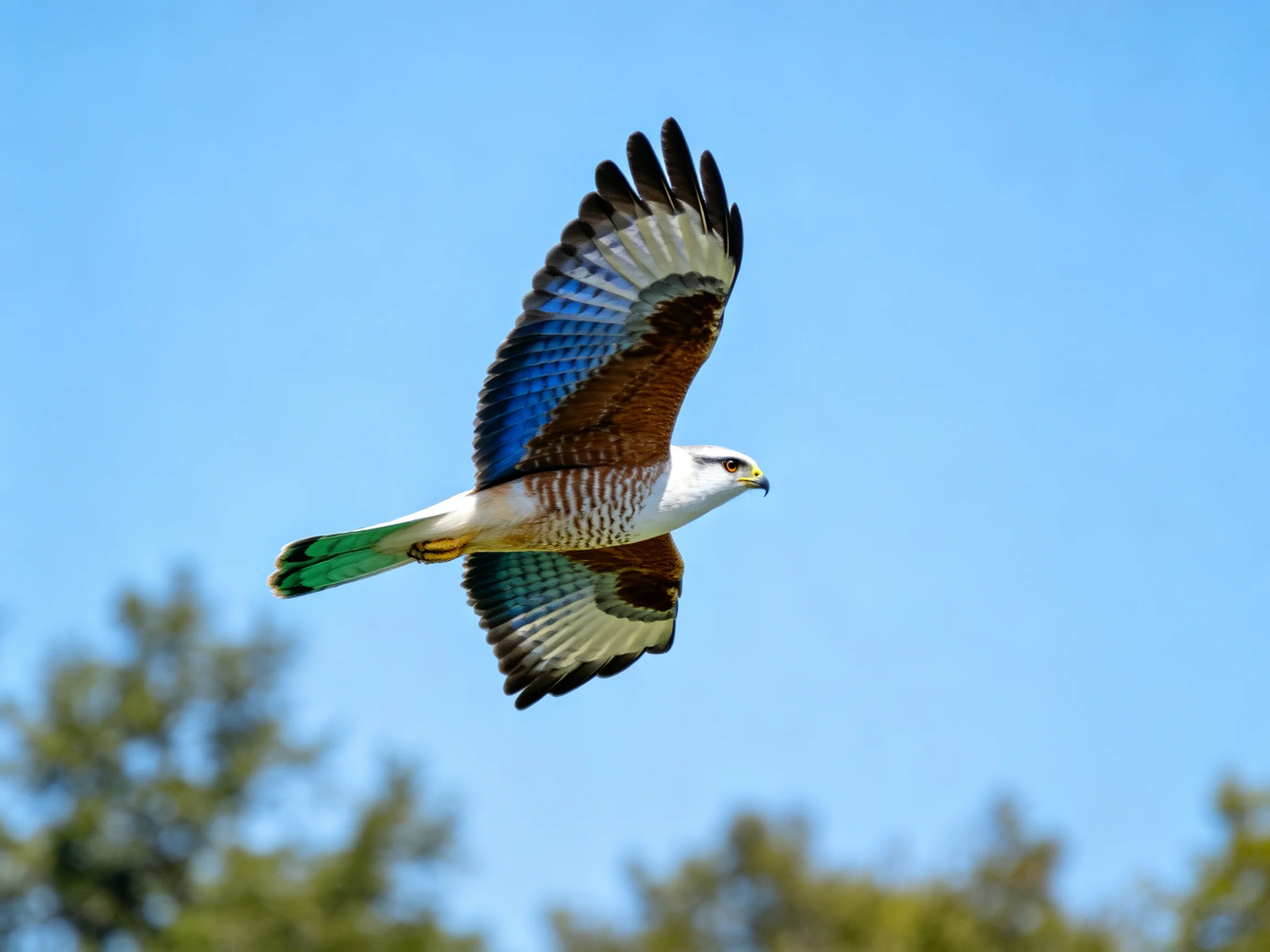 A hawk soars with blue, brown, and white plumage against clear sky