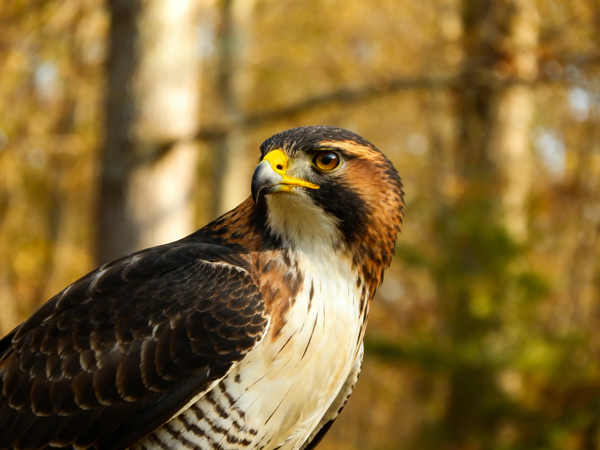 A hawk with brown, black, and white plumage in a forest setting