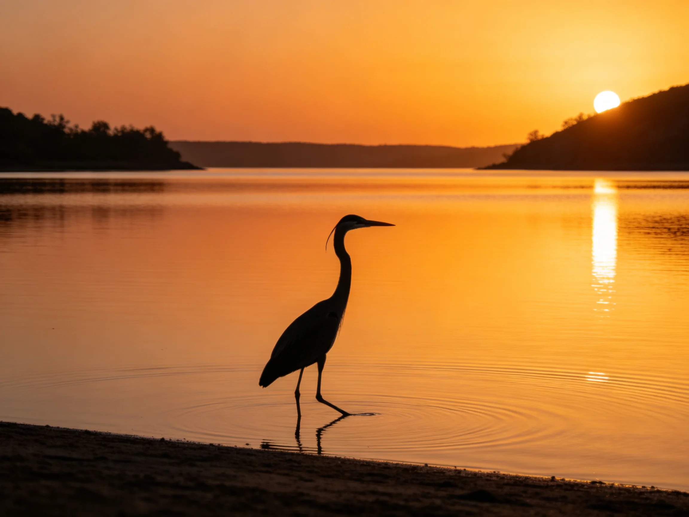 A heron silhouetted against an orange-hued sunset over calm waters