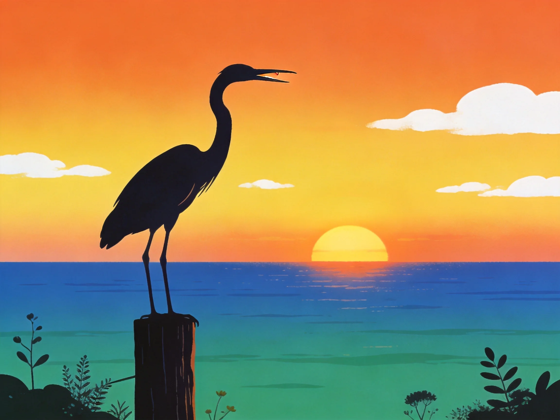 A heron silhouetted against vibrant sunset over calm waters