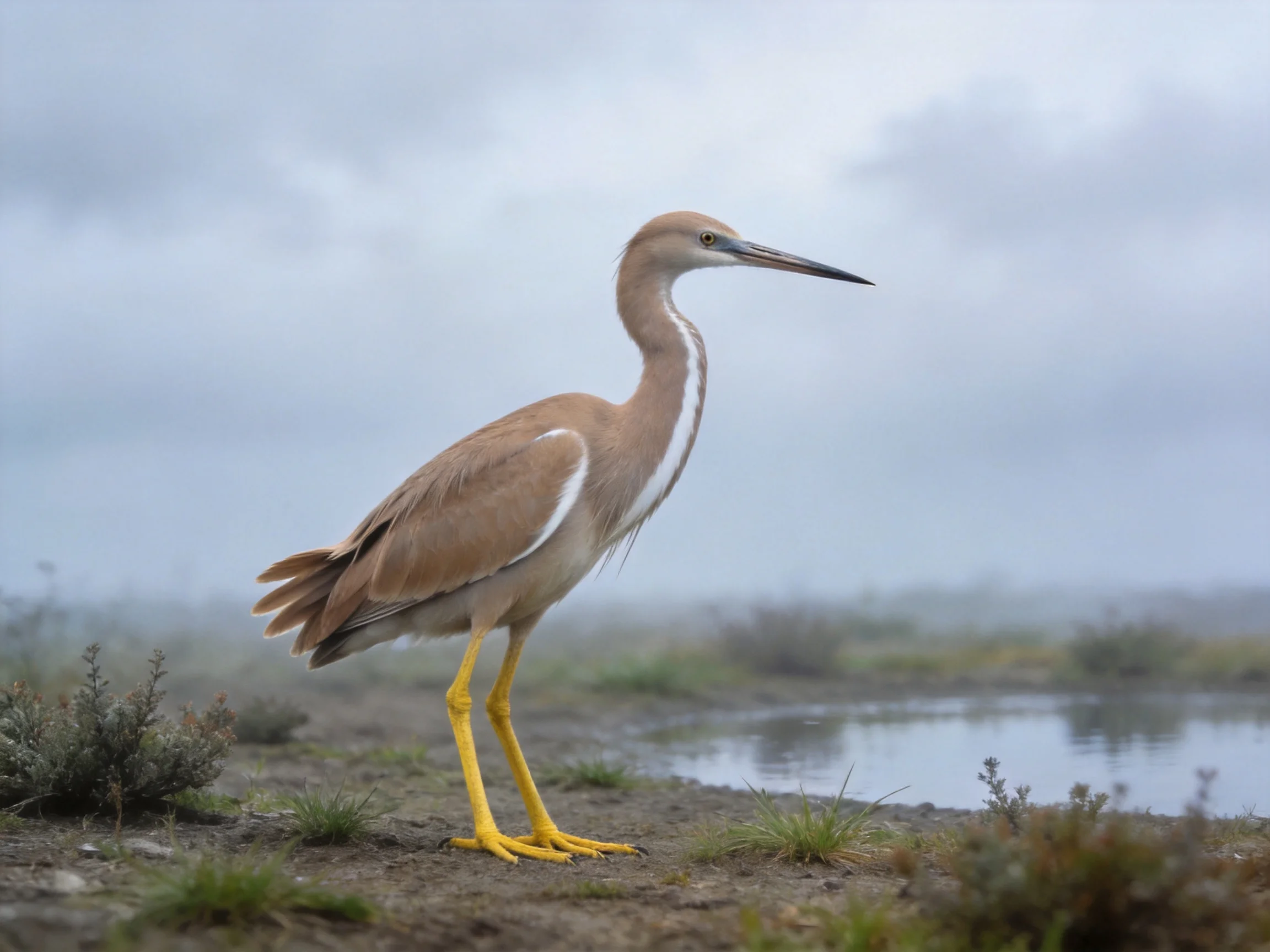 A heron with bright yellow legs near a misty wetland area