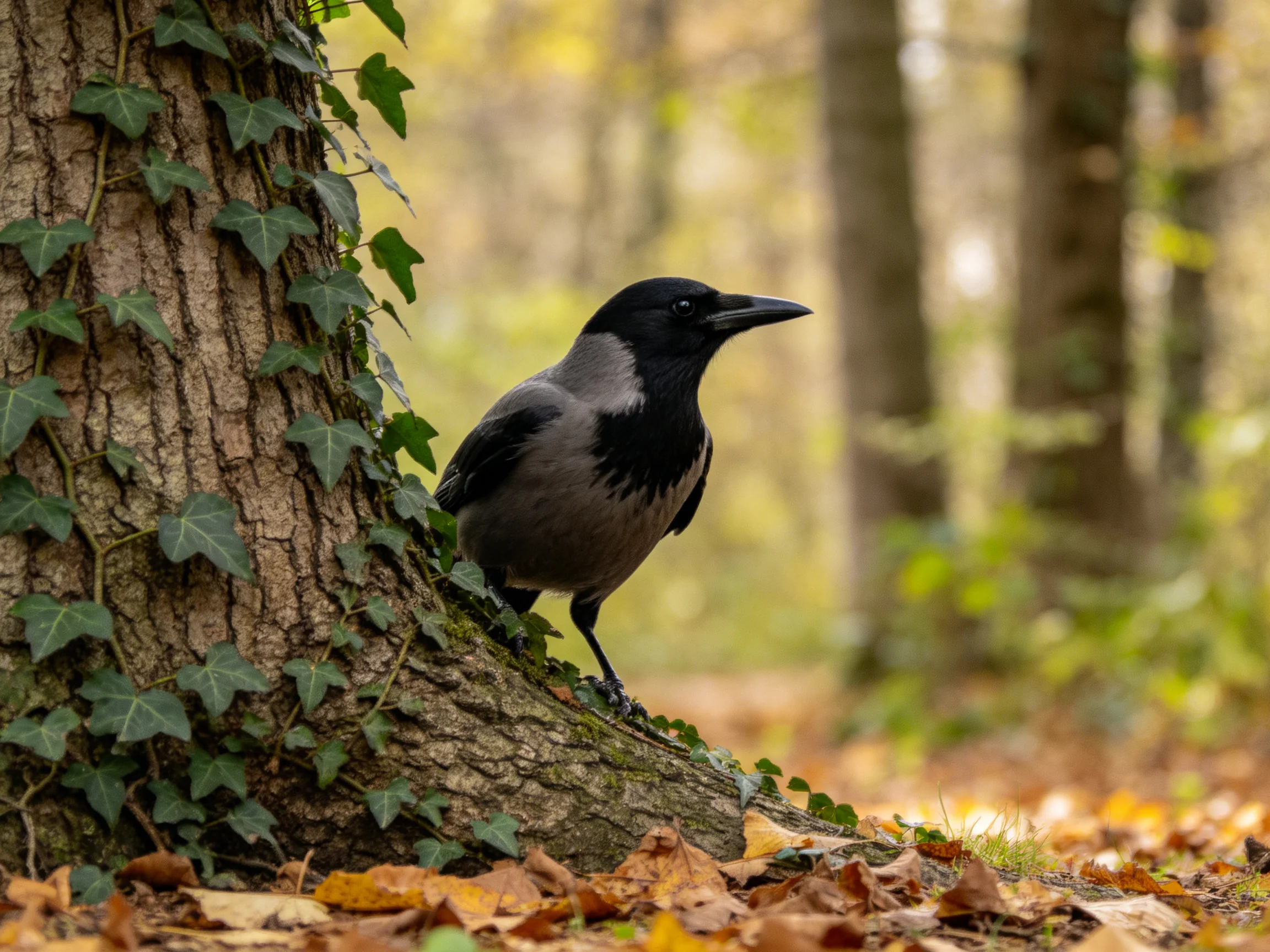 A hooded crow perched by an ivy-covered tree trunk in autumn forest