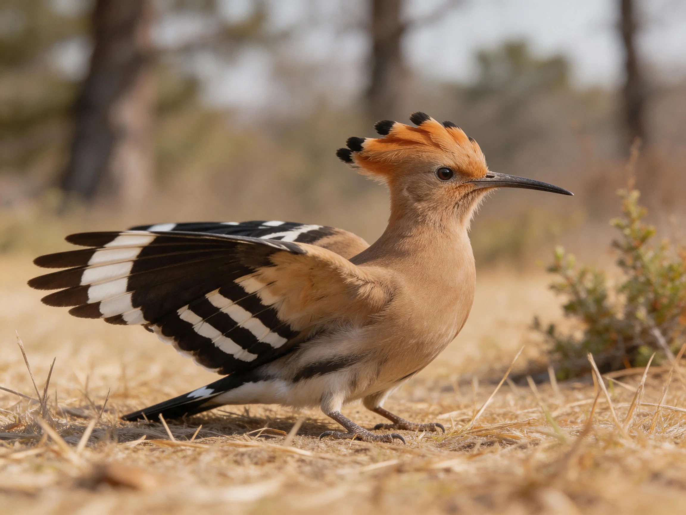 A hoopoe with orange crest, black-and-white wings, on dry terrain