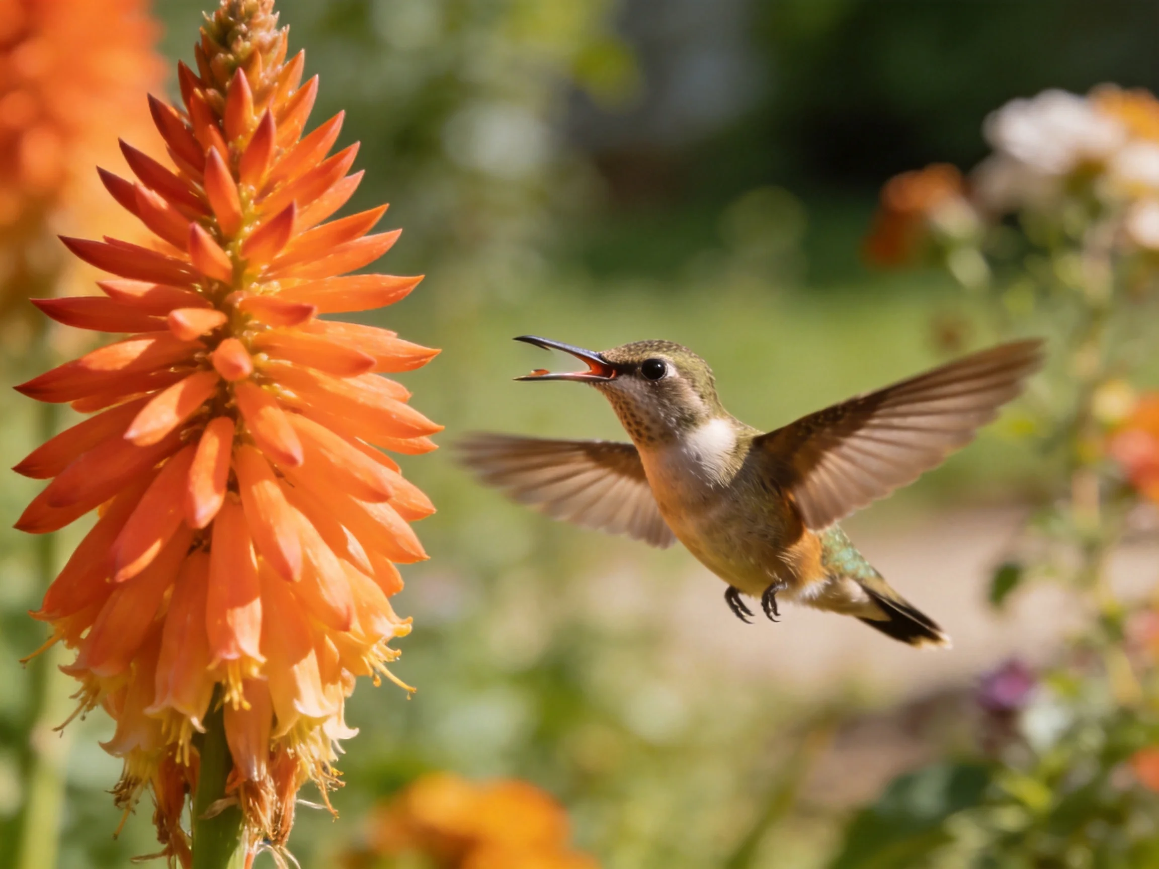 A hummingbird approaching vibrant orange flowering blooms