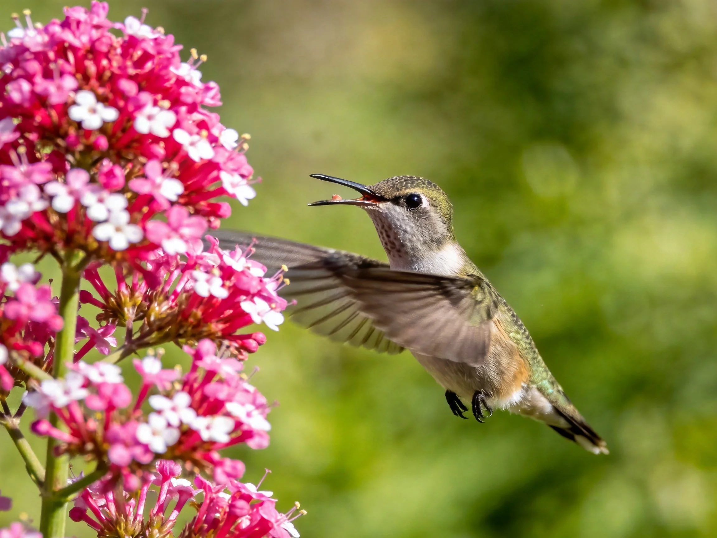 A hummingbird feeding from vibrant pink and white blooms