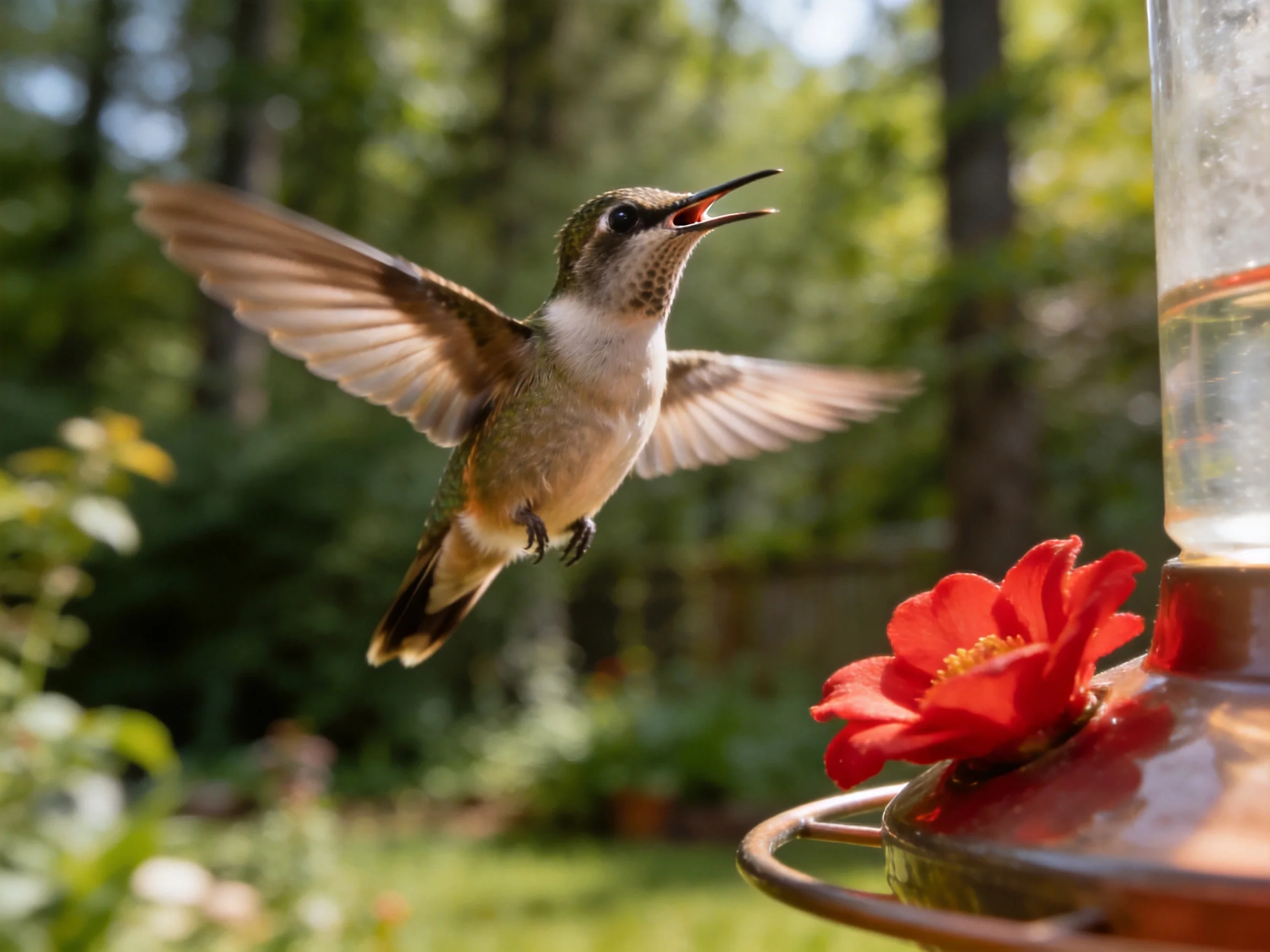 A hummingbird hovering near a red flower feeder