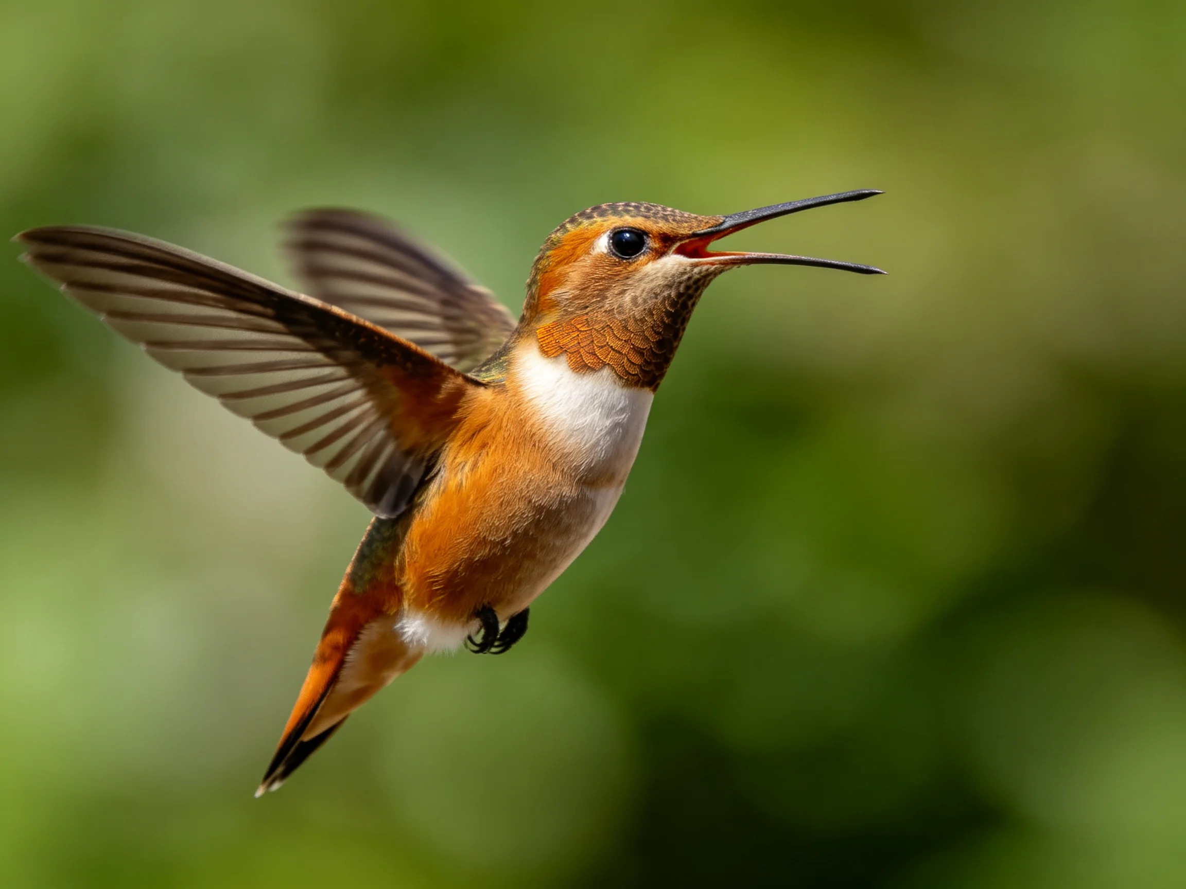 A hummingbird in mid-flight with orange, white, and brown plumage