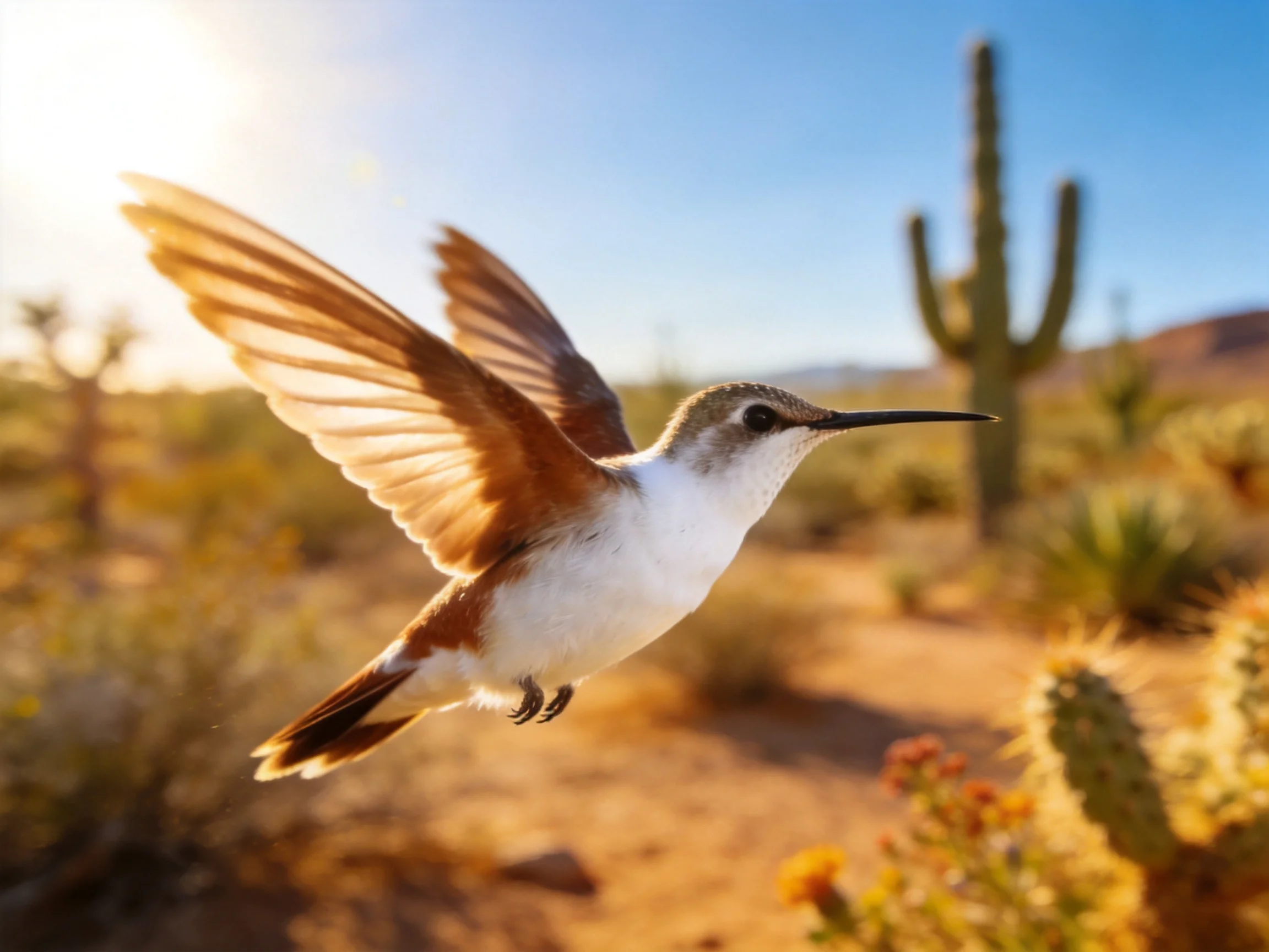 A hummingbird soars over a sunlit desert with cacti
