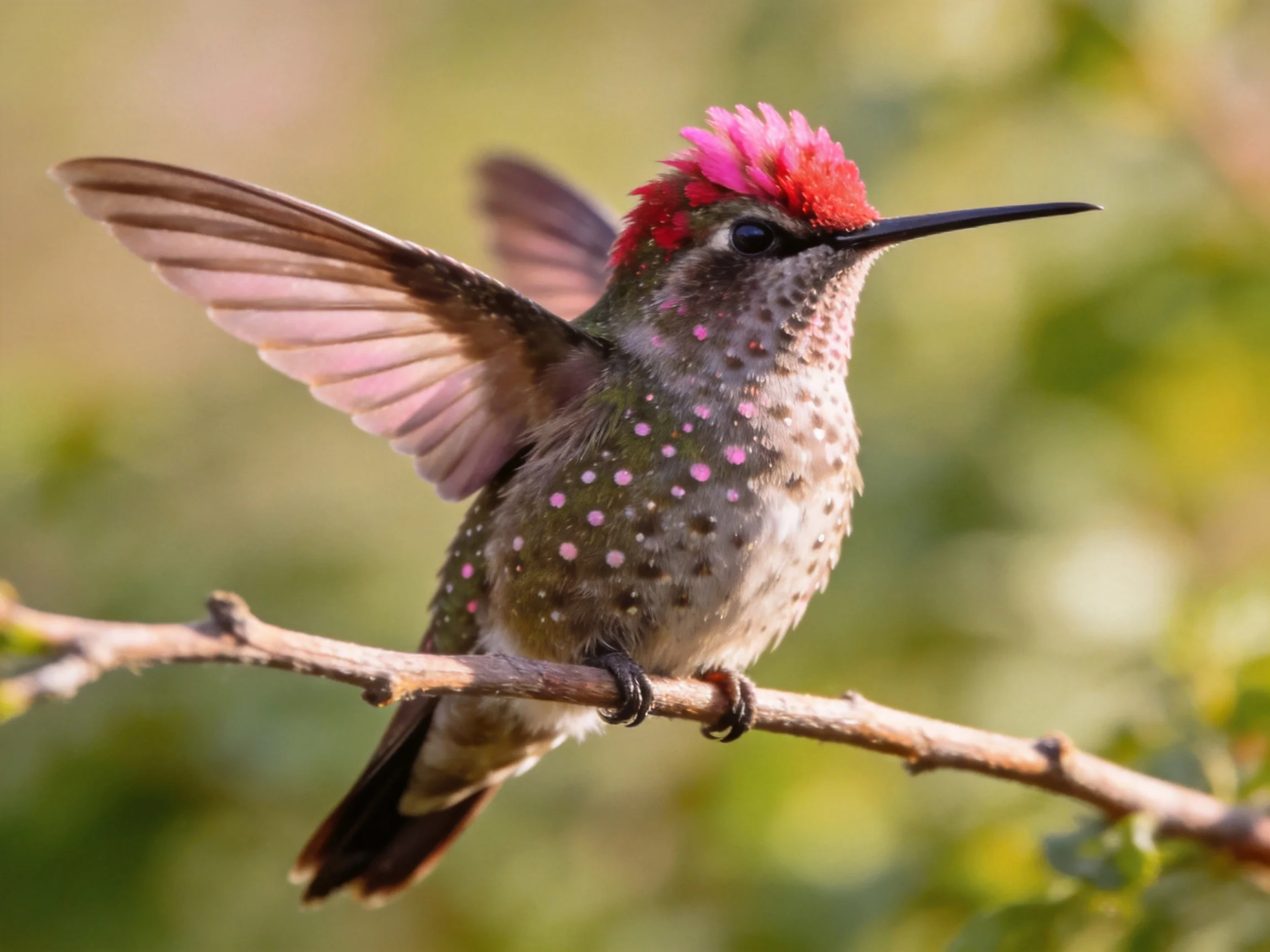 A hummingbird with vibrant pink crest perches on a thin branch