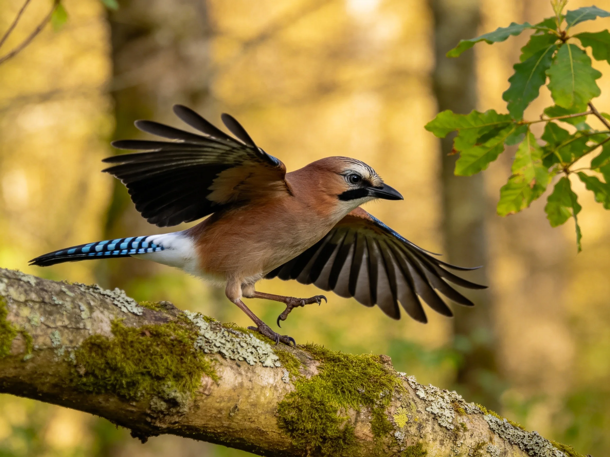 A jay with outstretched wings perches on a moss-covered branch