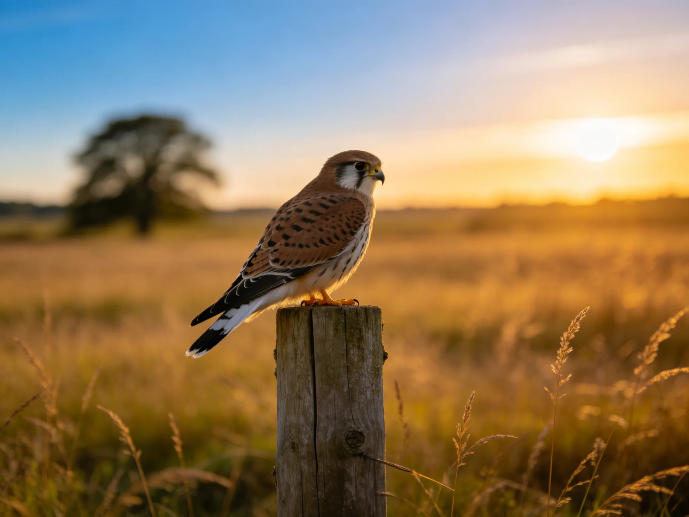 A kestrel perches on a weathered wooden post in golden fields
