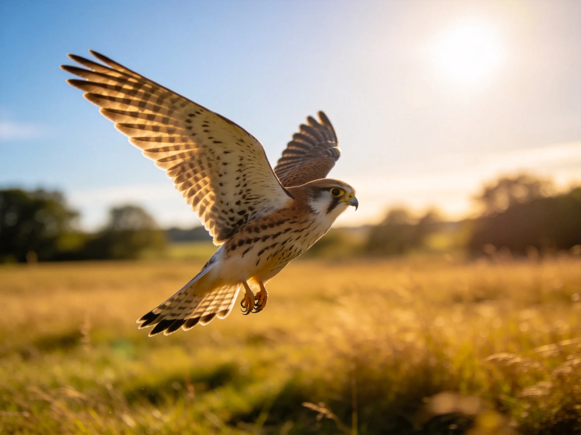 A kestrel soars over golden fields at sunset