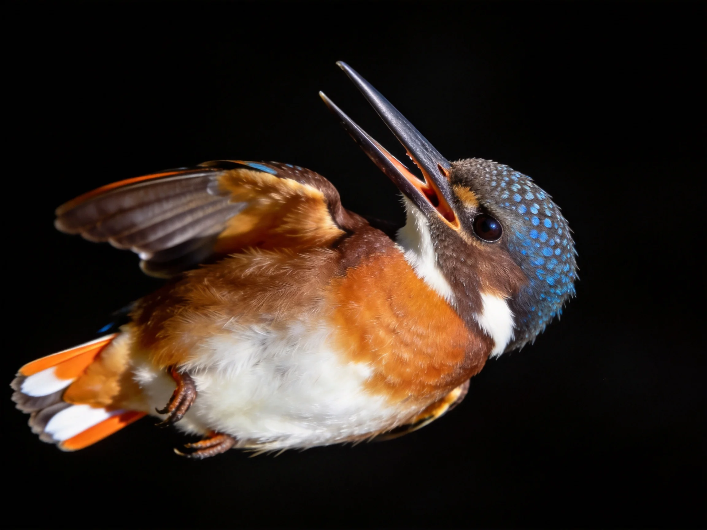 A kingfisher in mid-flight with vibrant blue, orange, and brown plumage