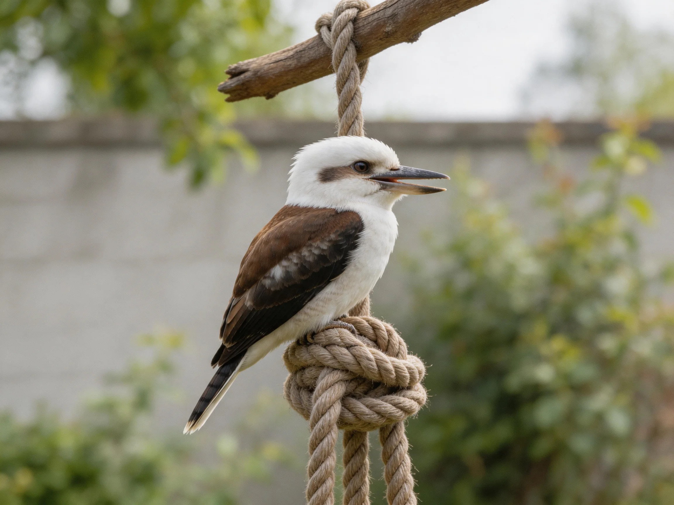 A kookaburra perched on a thick rope tied to a wooden branch
