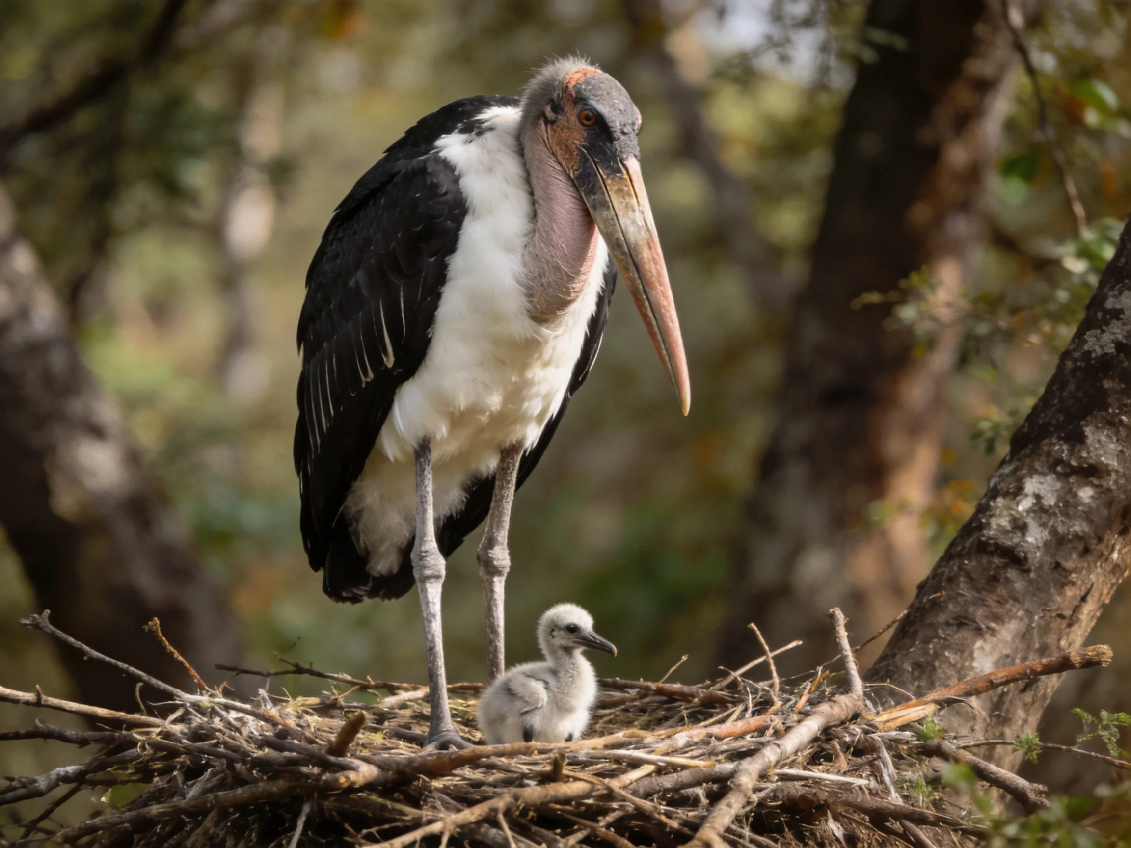 A large black-and-white stork stands over a chick in a twig nest amid trees.