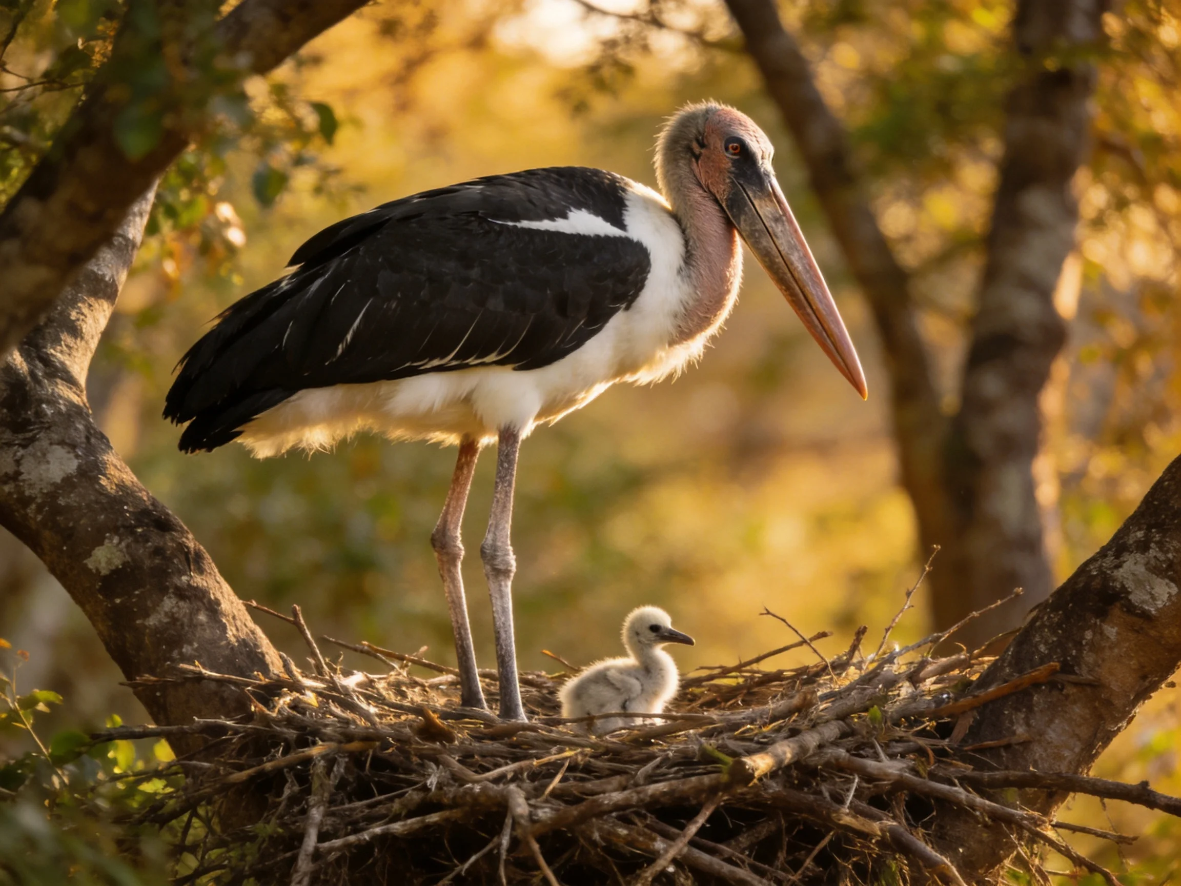 A large black-and-white stork stands over a twig nest with a chick
