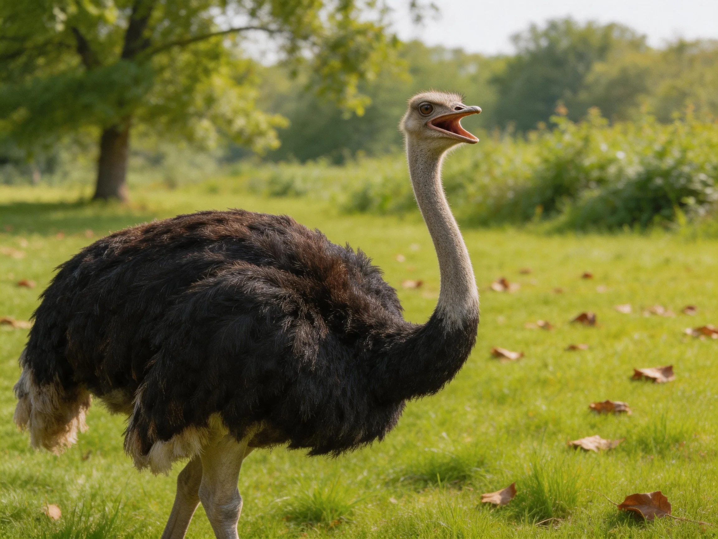A large black-feathered ostrich in a sunlit green meadow