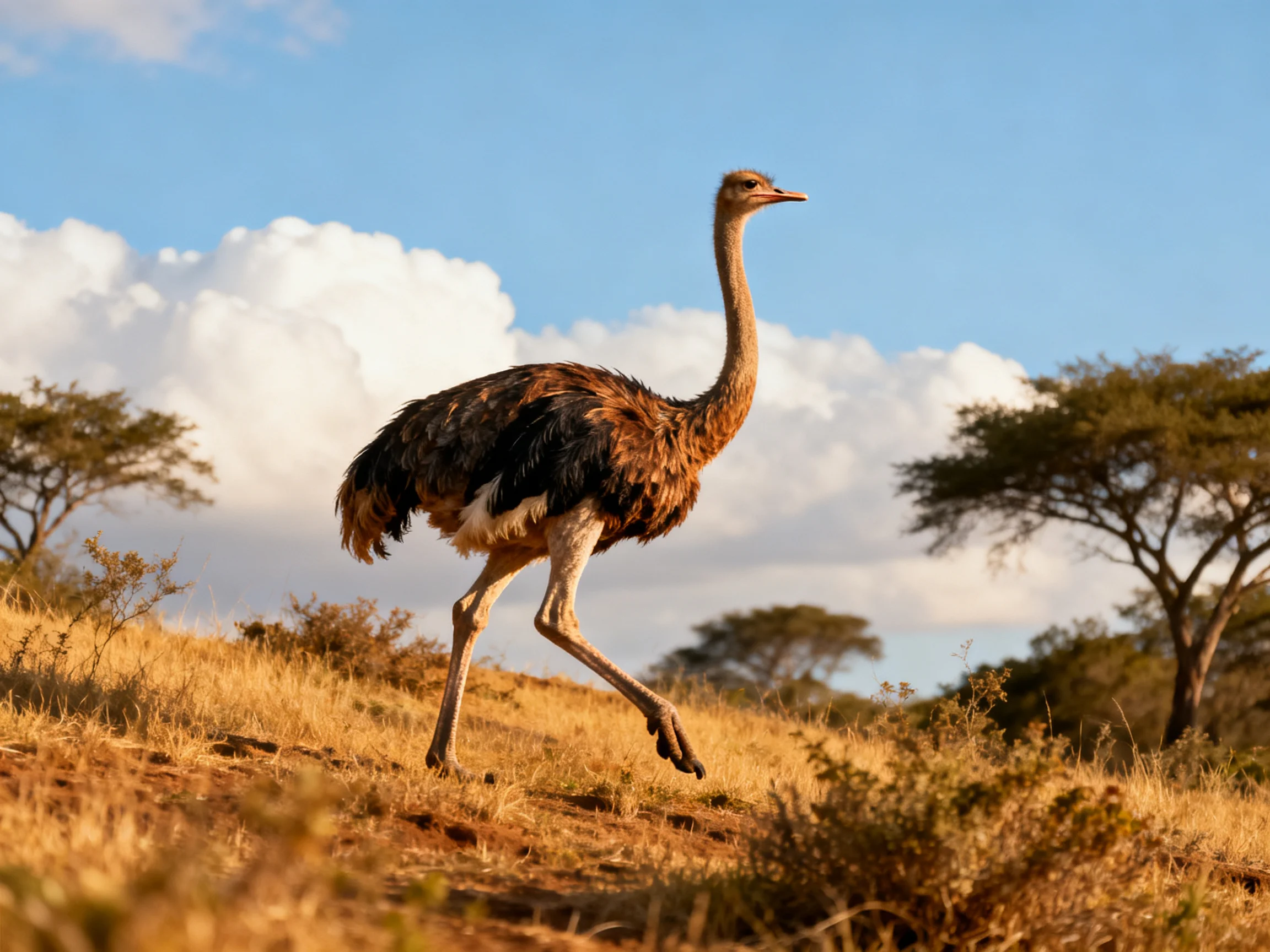 A large brown and black ostrich walks through golden savannah terrain
