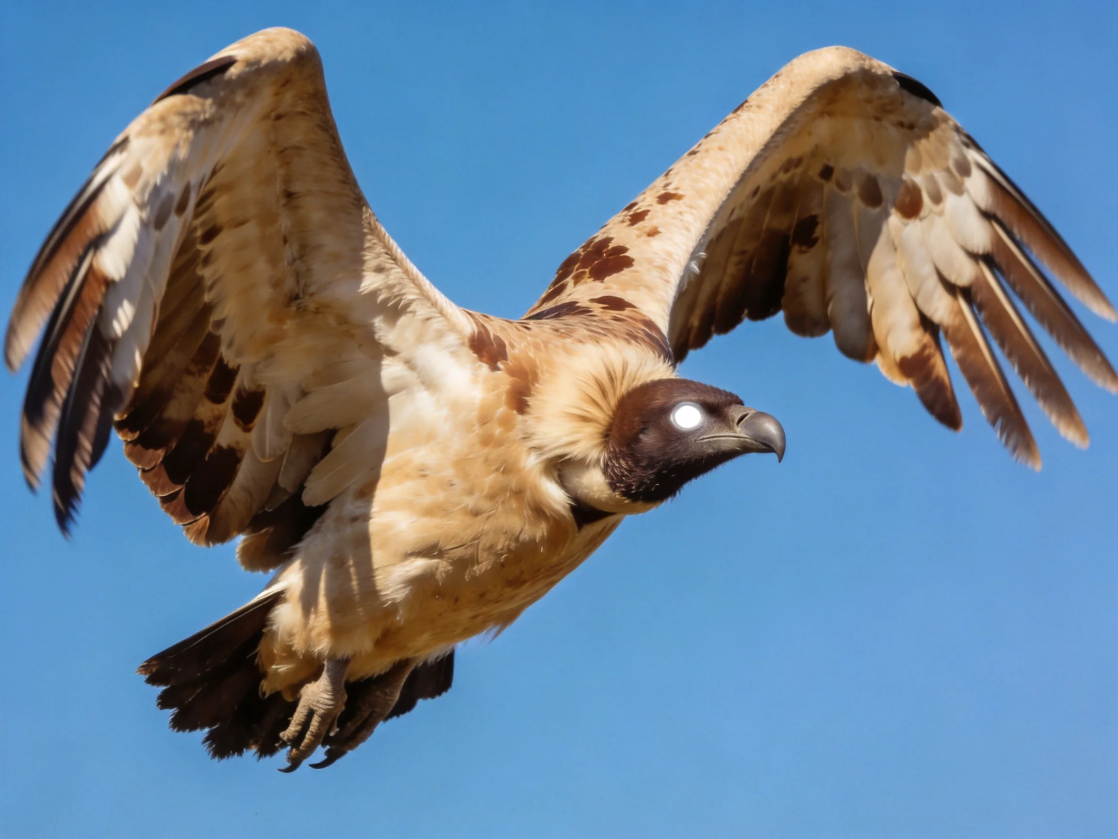 A large brown and white raptor soaring against a clear blue sky