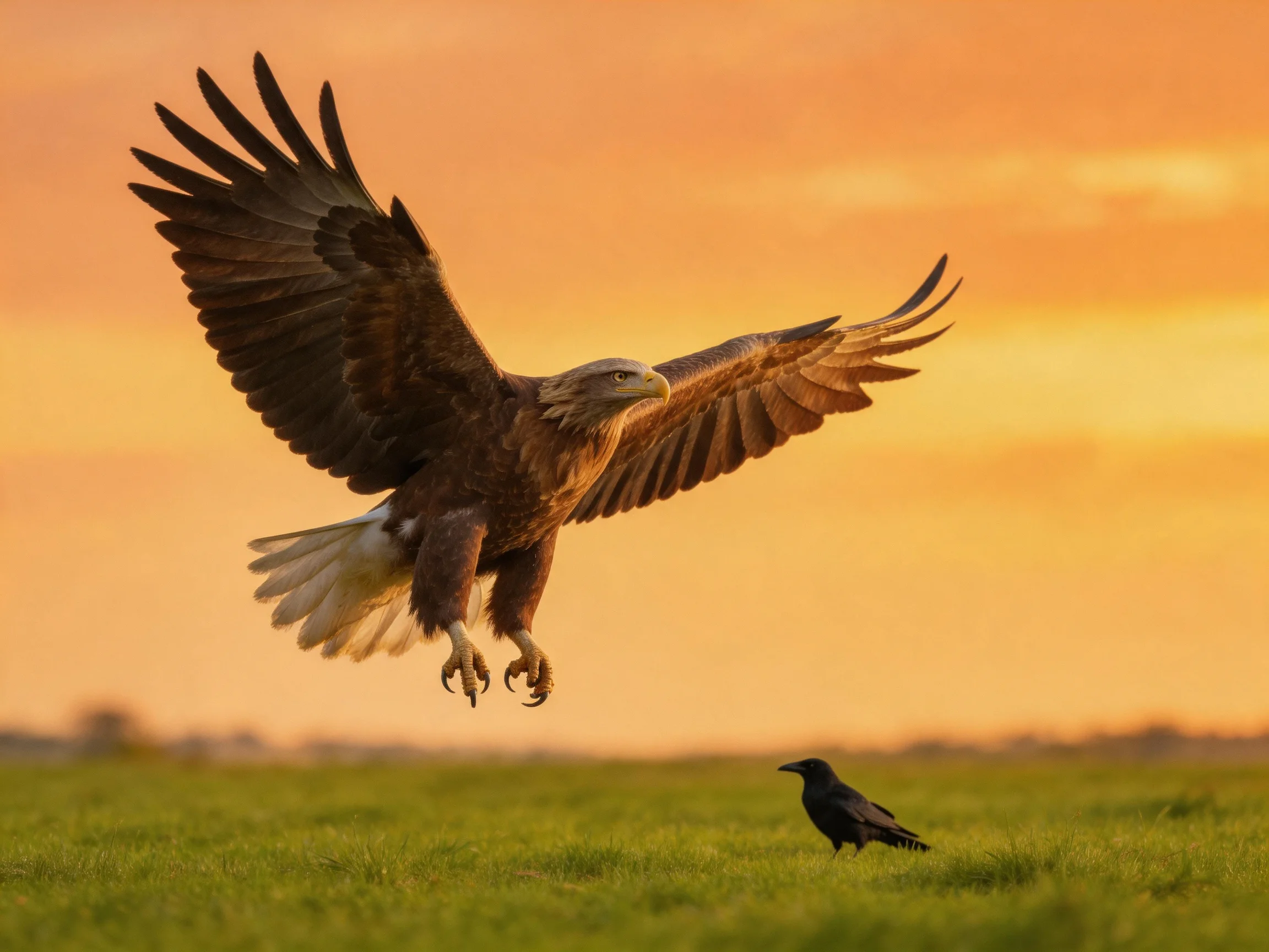 A large brown eagle descends toward a small black bird under an orange sky