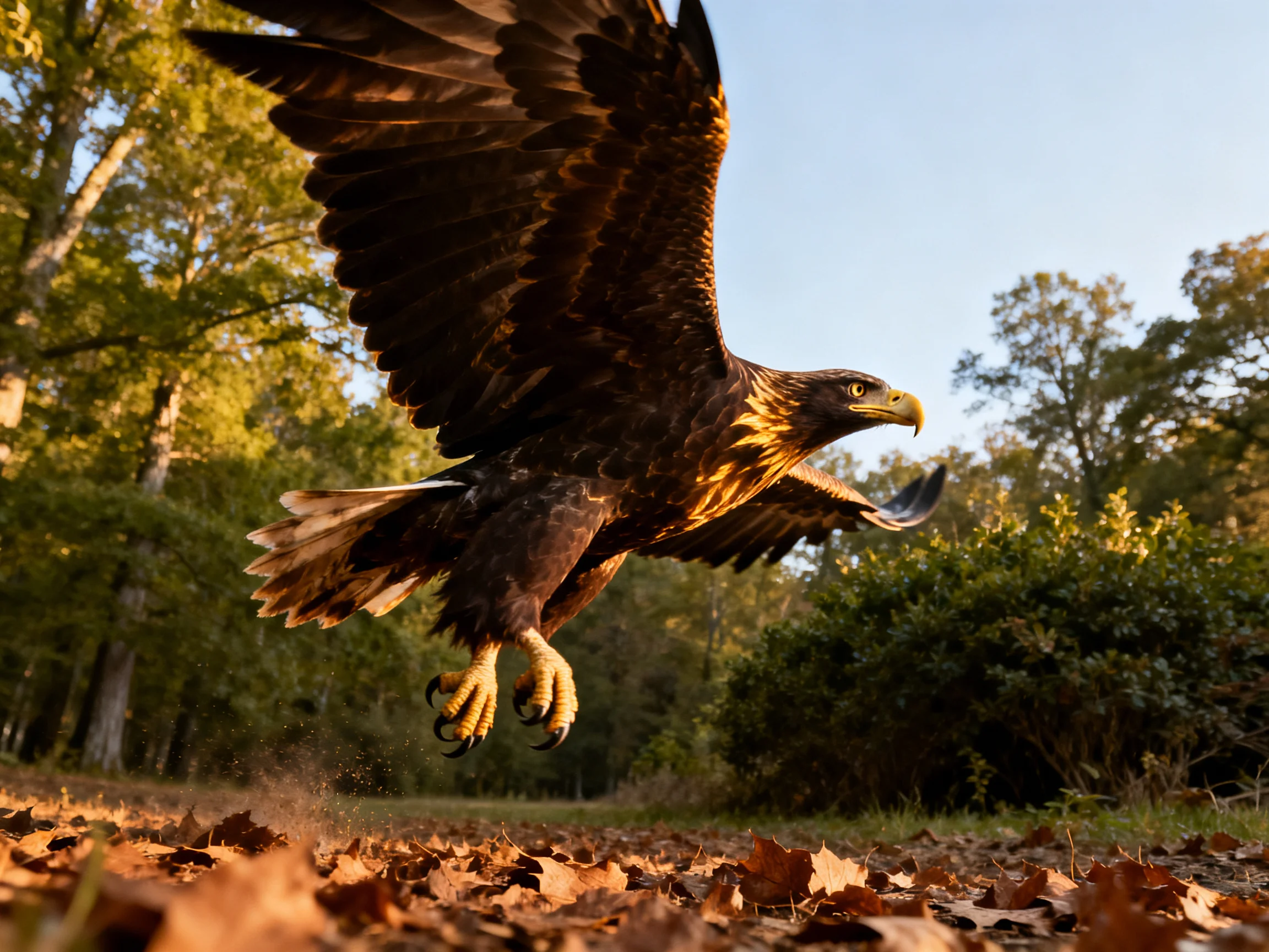 A large brown eagle soars over golden fallen leaves near green trees