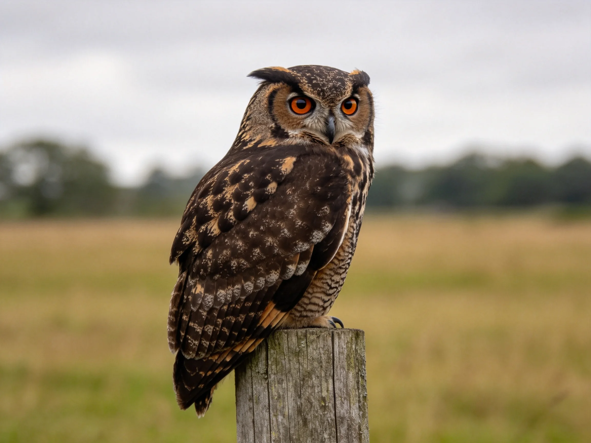 A large brown-spotted owl with orange eyes perched on a wooden post