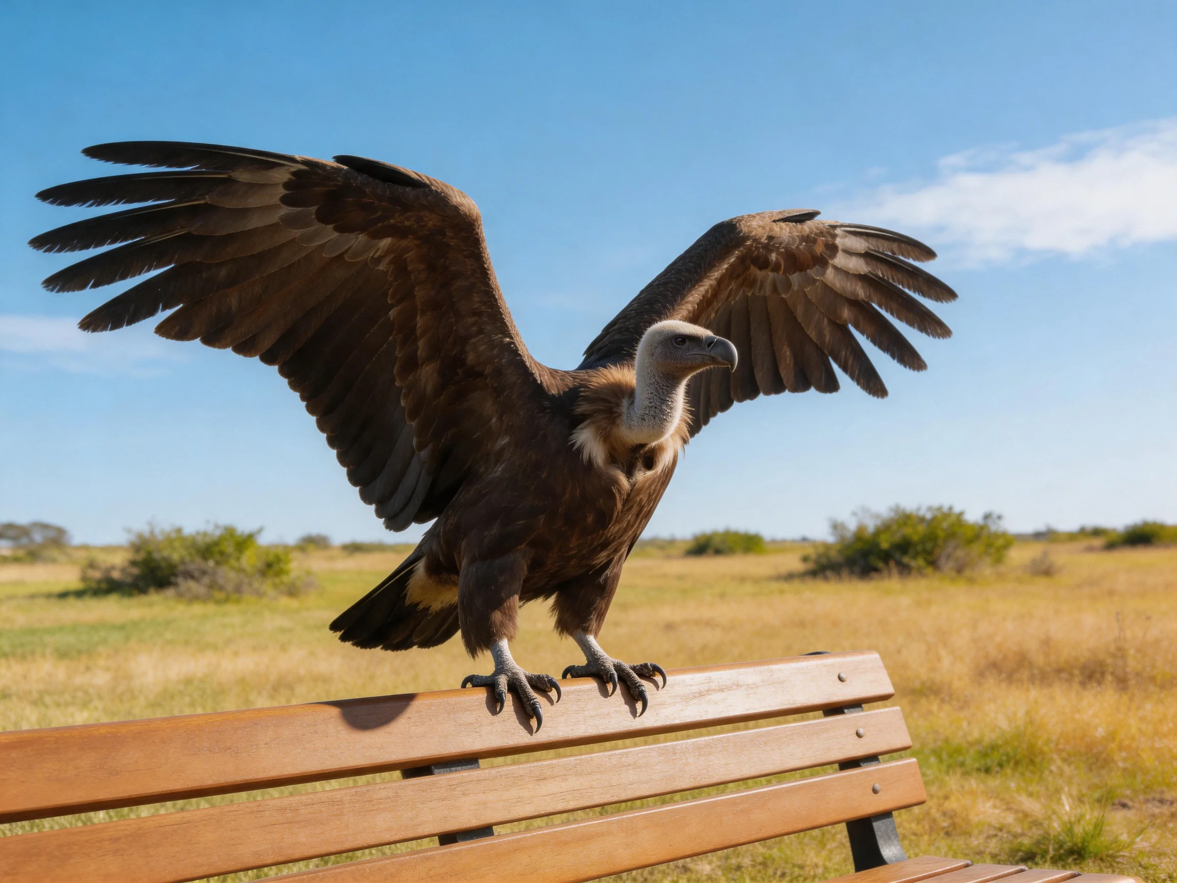 A large brown vulture spreads wings on a wooden bench