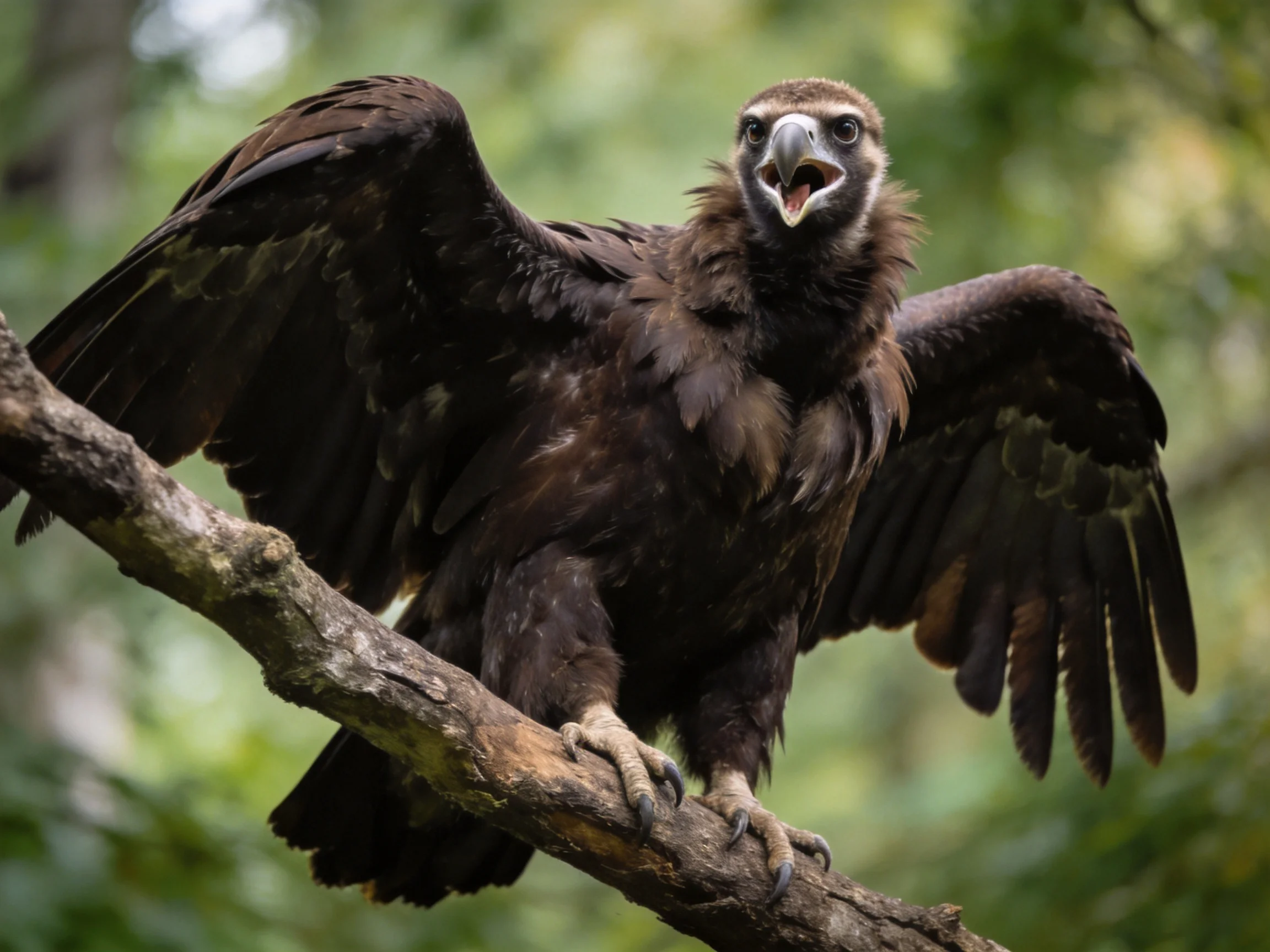 A large dark-feathered bird spreads its wings while perched on a branch.