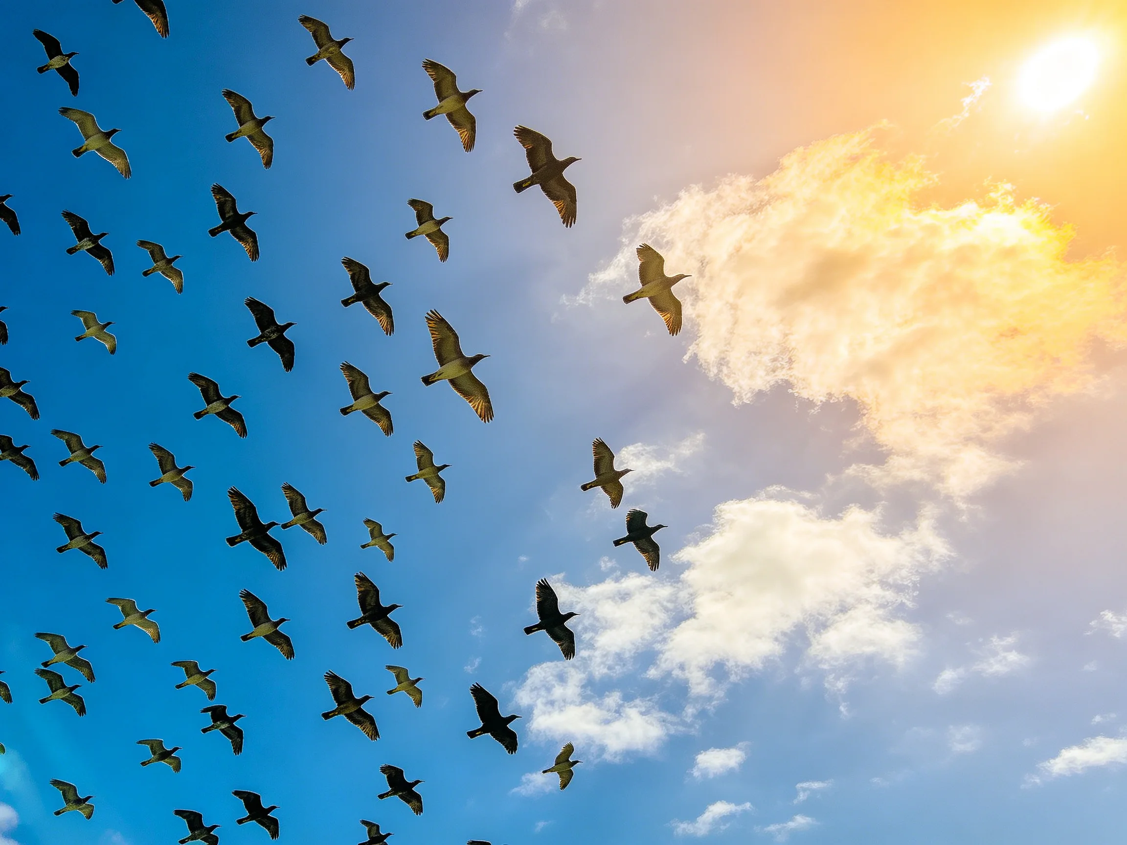 A large flock of birds soaring in a vibrant blue and golden sky