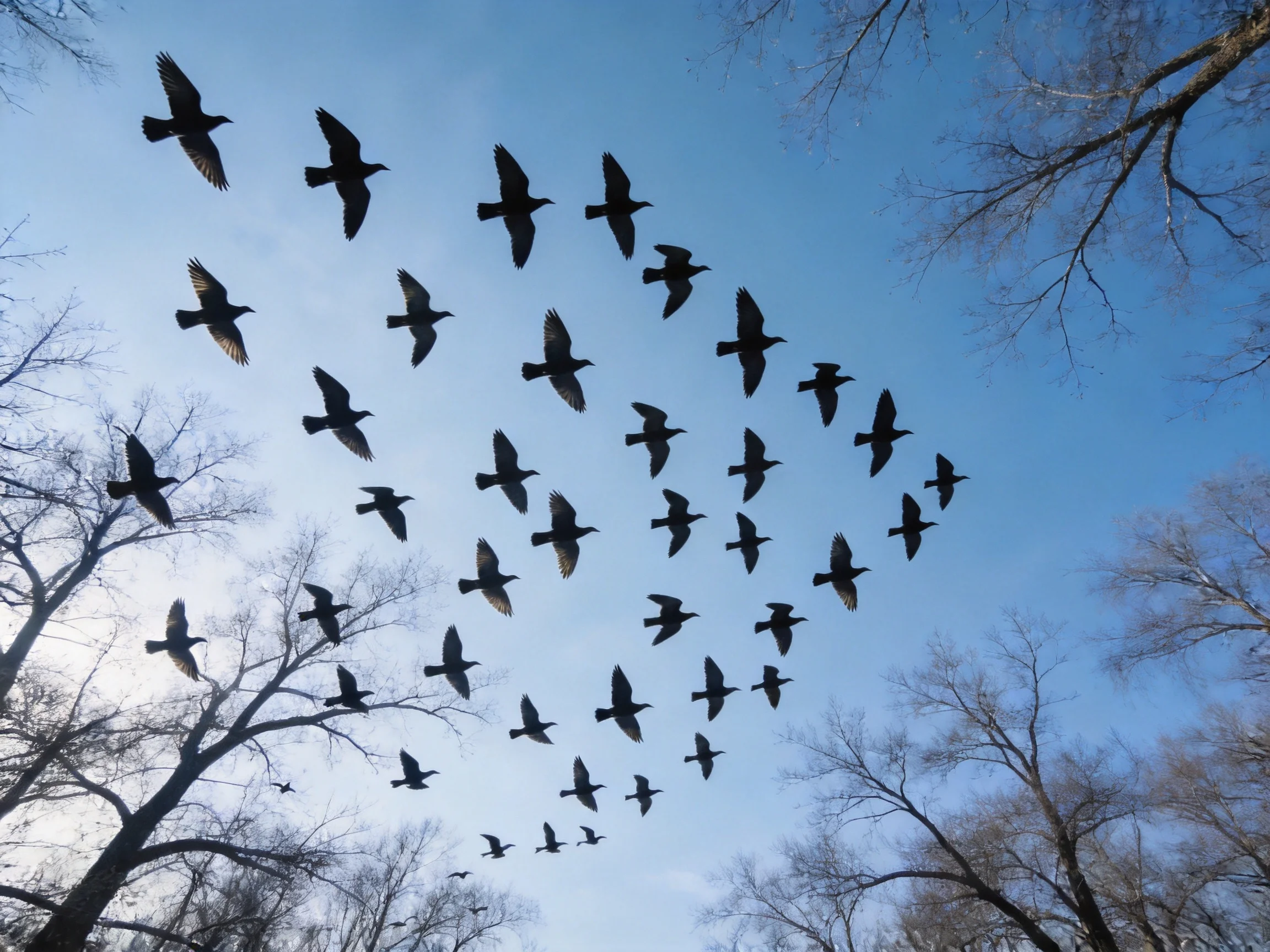 A large flock of black birds soaring over leafless trees under bright blue sky
