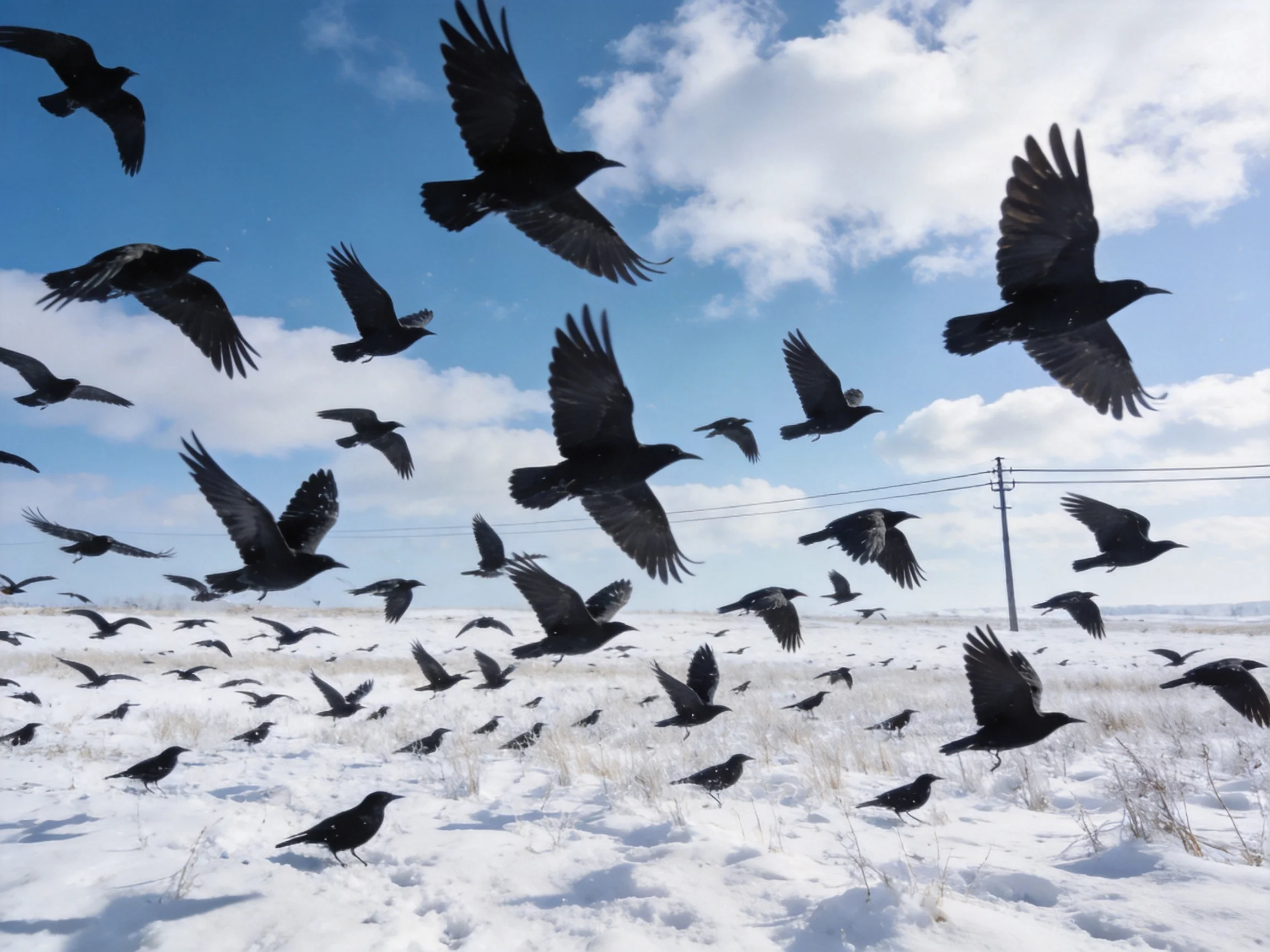 A large flock of black birds soars over a snowy field with sparse vegetation