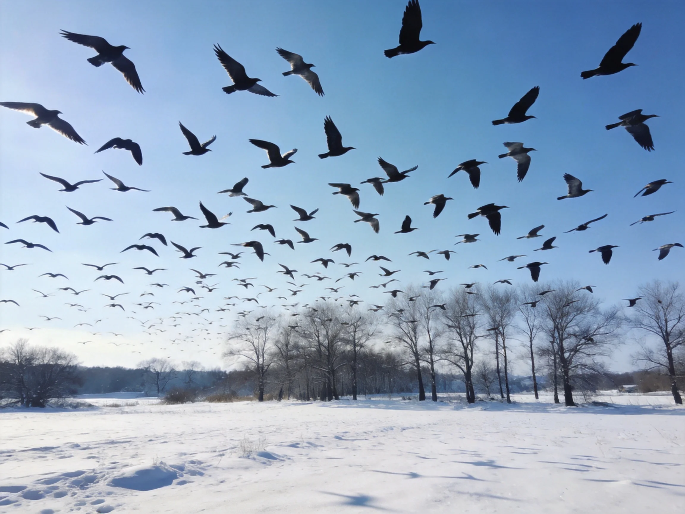 A large flock of dark birds flies over a snowy landscape with bare trees