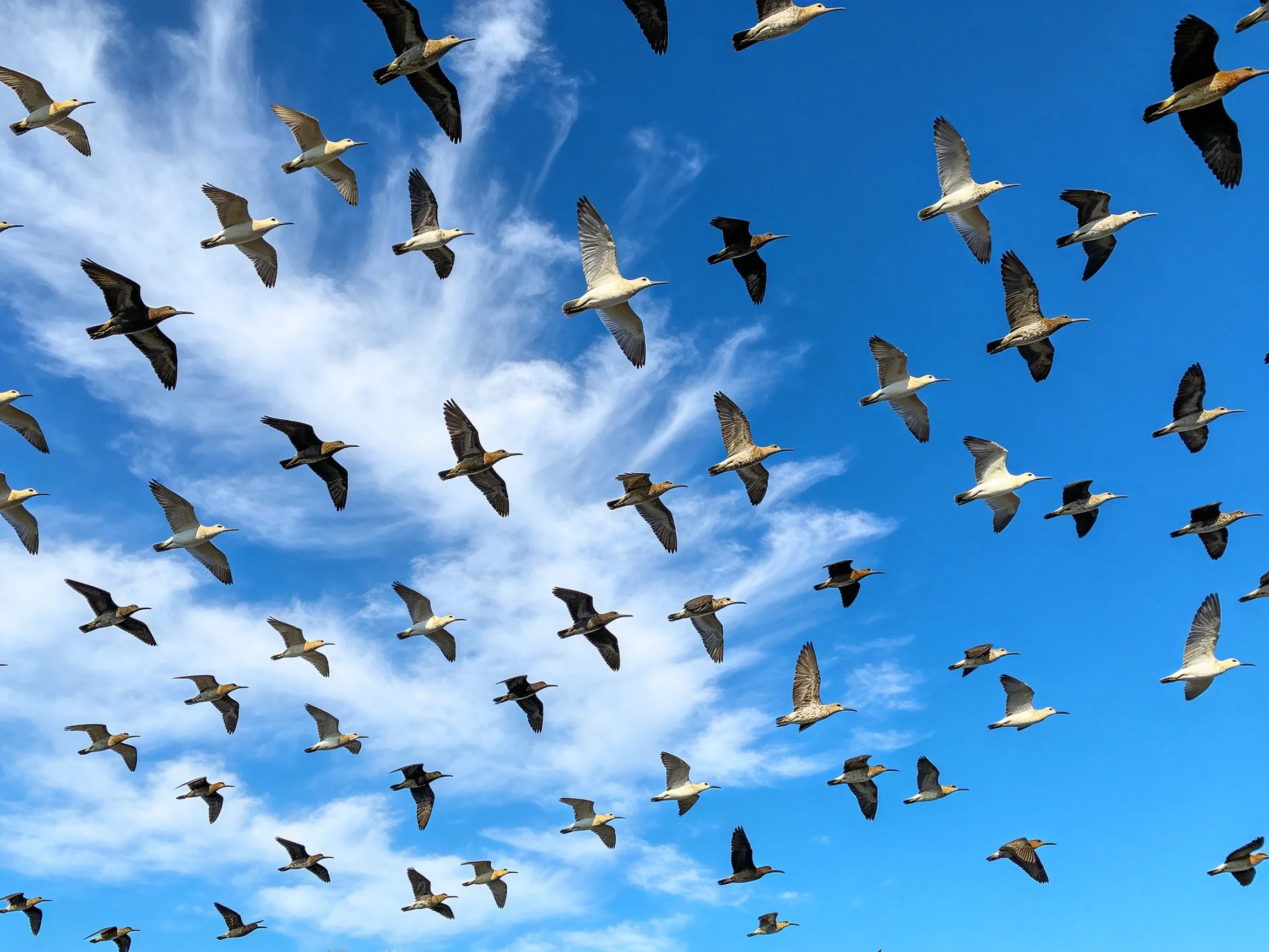 A large flock of diverse birds flies against bright blue sky