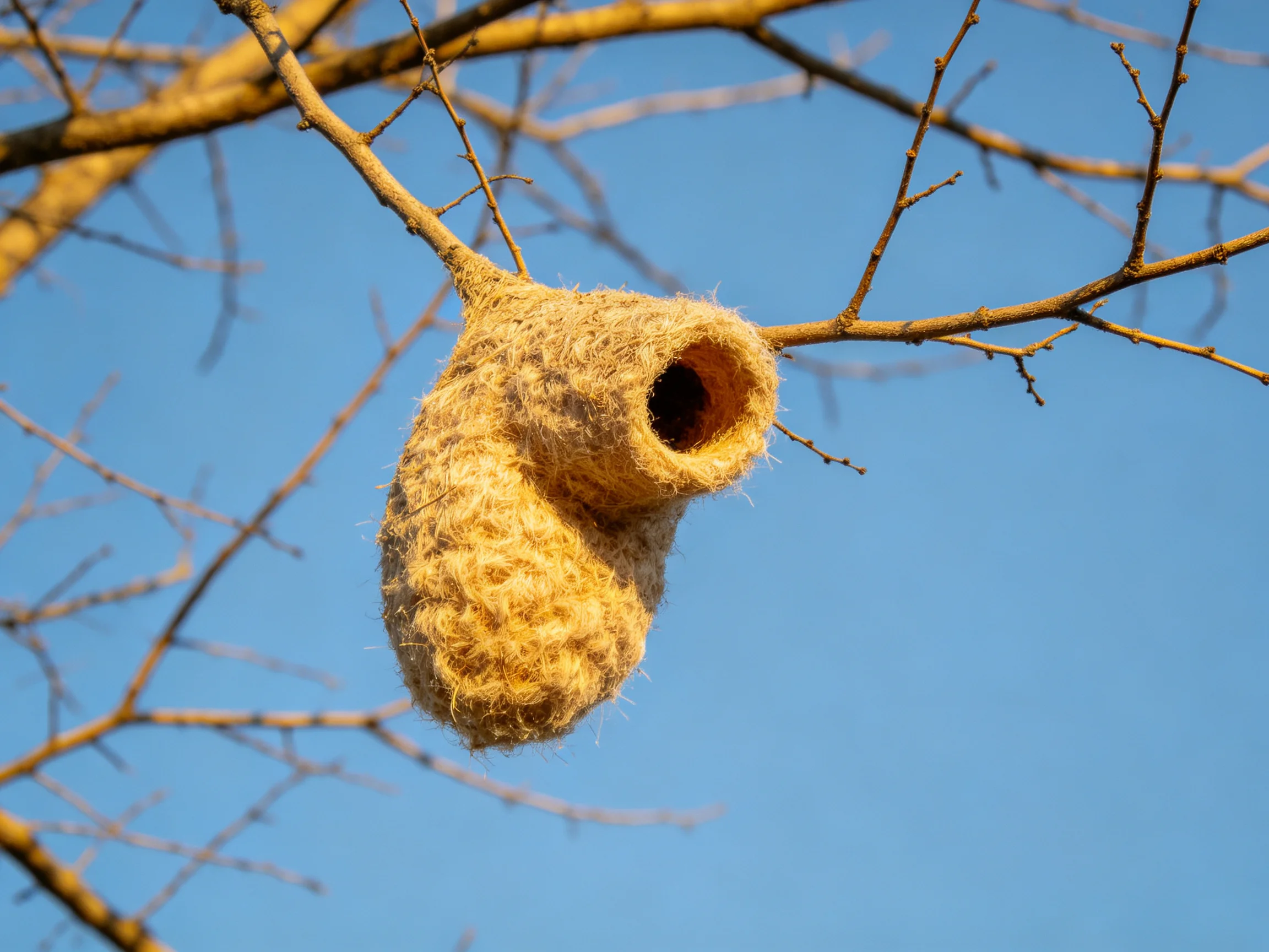 A large, golden-brown woven bird nest hangs from a bare tree branch